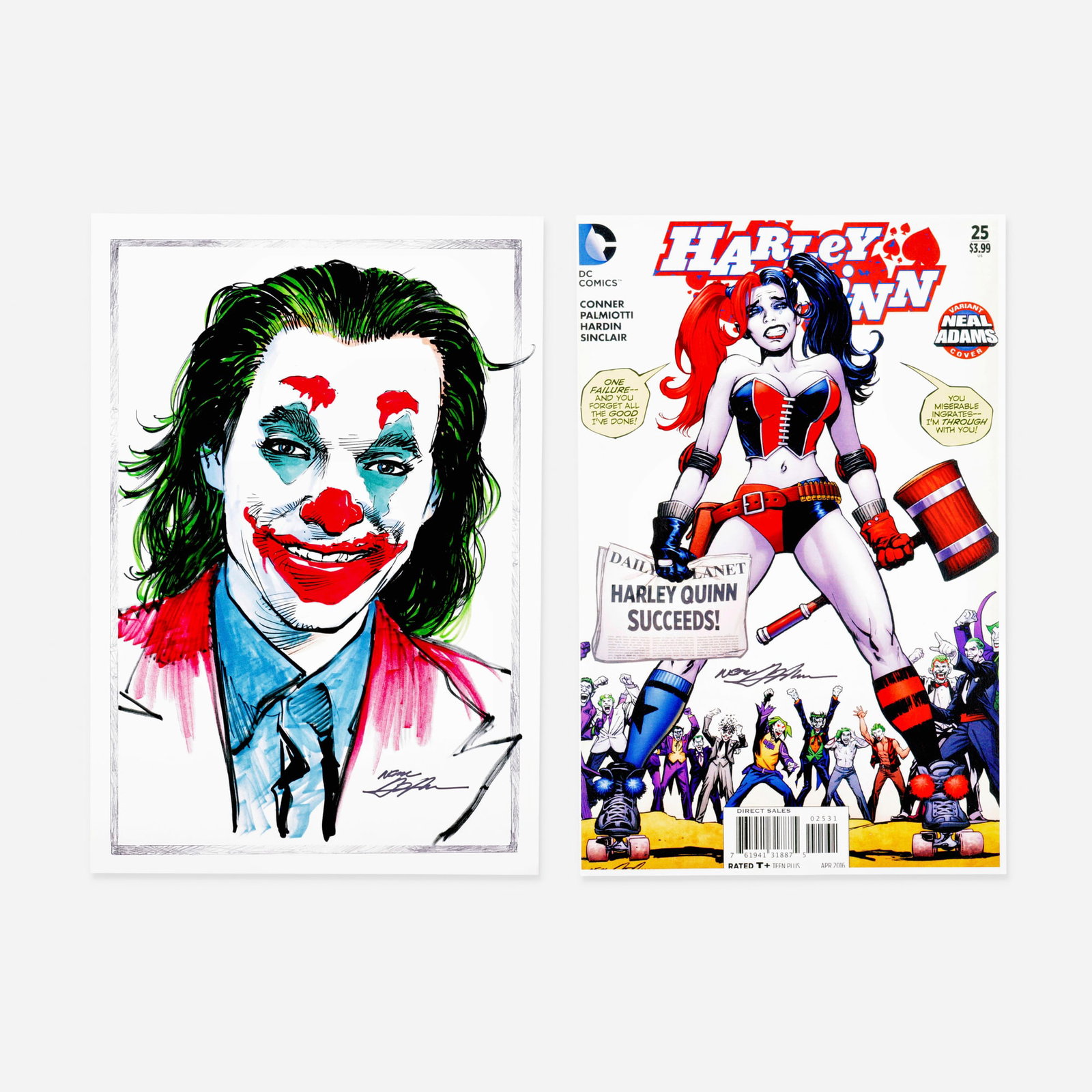 Neal Adams, Group of Two Harley Quinn and Joker Signed Prints: Neal Adams Group of Two Harley Quinn and Joker Signed Prints print 19 h x 13 w in (48 x 33 cm) 17 h x 11 w in (43 x 28 cm) This set of signed prints by legendary artist Neal Adams features a striking 
