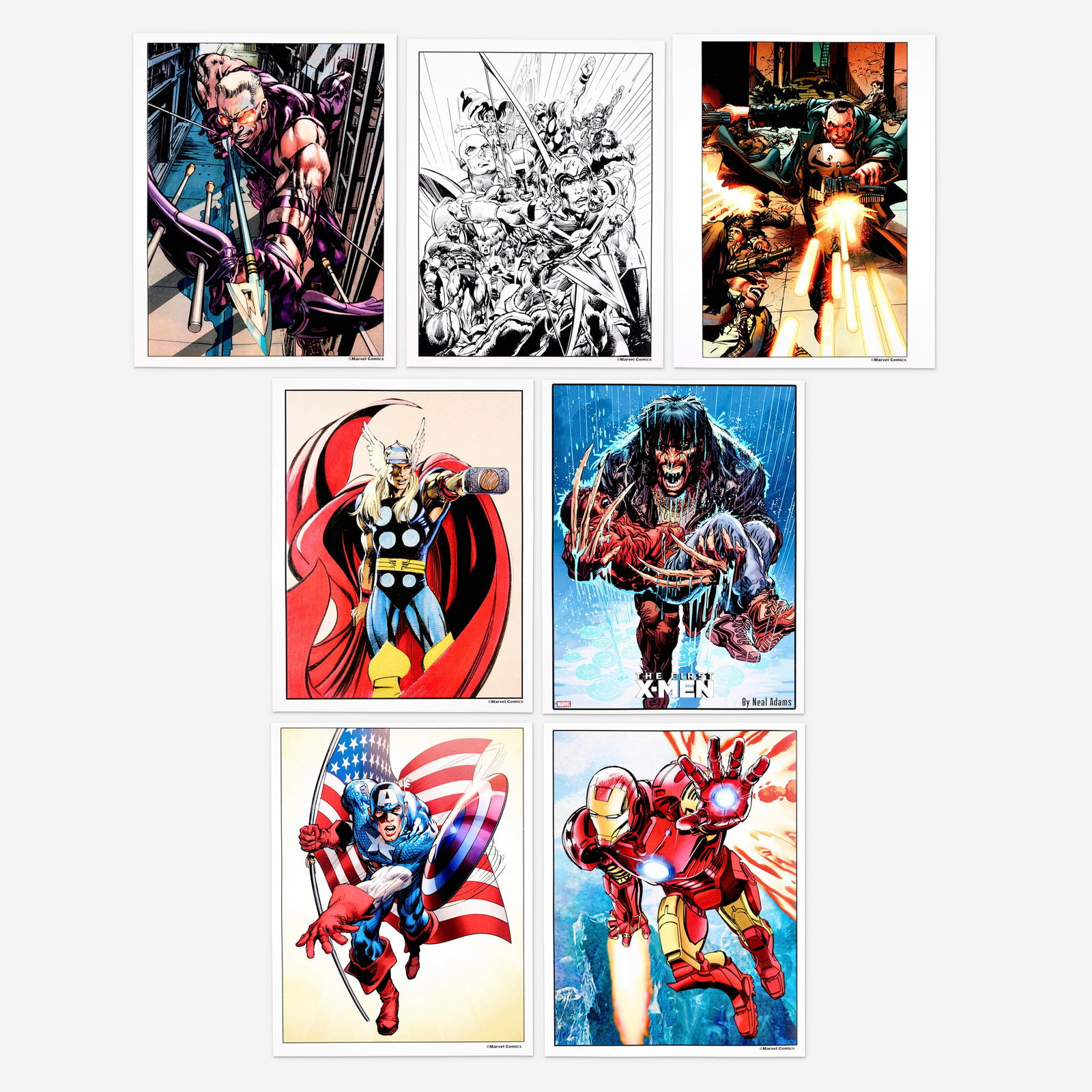 Neal Adams, Group of Seven Unsigned Marvel Comics Prints: Neal Adams Group of Seven Unsigned Marvel Comics Prints print on cardstock 14 h x 11 w in (36 x 28 cm) This collection of seven unsigned Marvel Comics prints by renowned artist Neal Adams features car