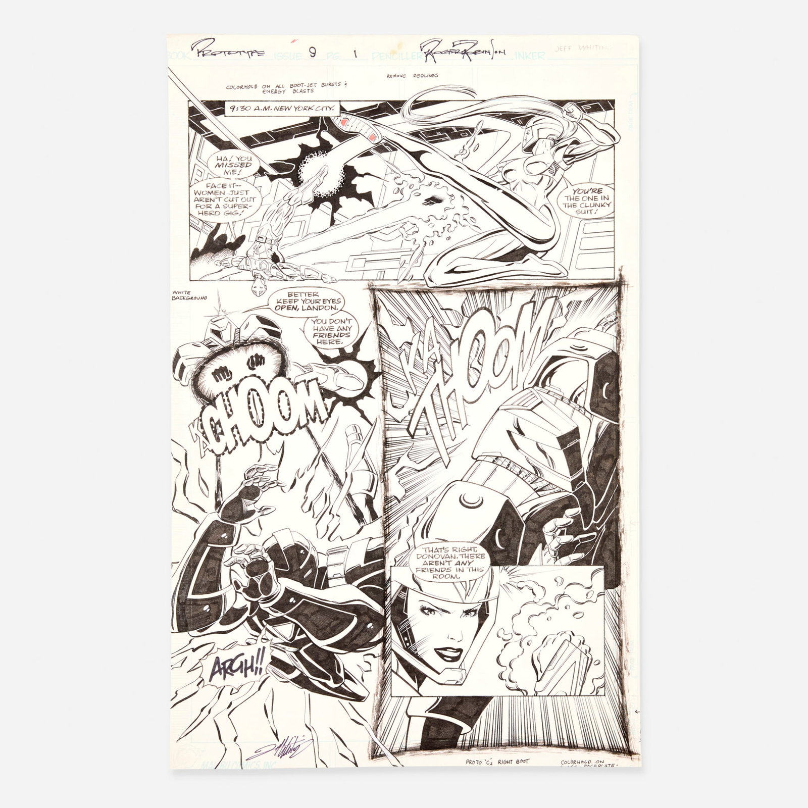 Roger Robinson and Jeff Whiting, Prototype #9 Story Page 1 Original Art (Malibu Comics, 1993): Roger Robinson and Jeff Whiting Prototype #9 Story Page 1 Original Art (Malibu Comics, 1993) pencil and ink on Bristol board, word balloons inked directly on board 17.25 h x 11 w in (44 x 28 cm) This 