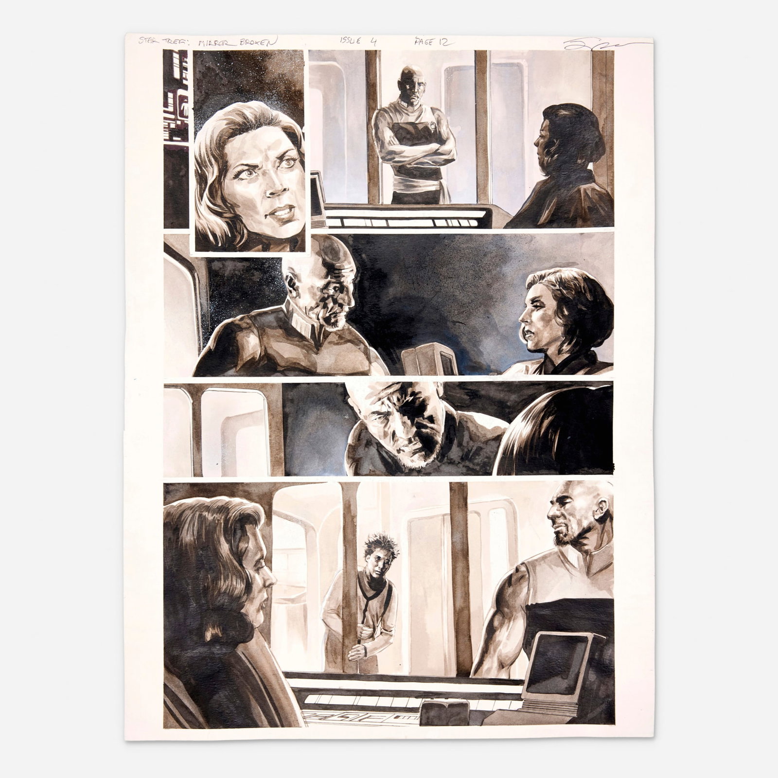 J.K. Woodward, Star Trek: The Next Generation: Mirror Broken #4 Story Page 12 Original Art: J.K. Woodward Star Trek: The Next Generation: Mirror Broken #4 Story Page 12 Original Art (IDW, 2017) pencil, ink, and wash on Bristol board 24 h x 18 w in (61 x 46 cm) This original interior comic pa