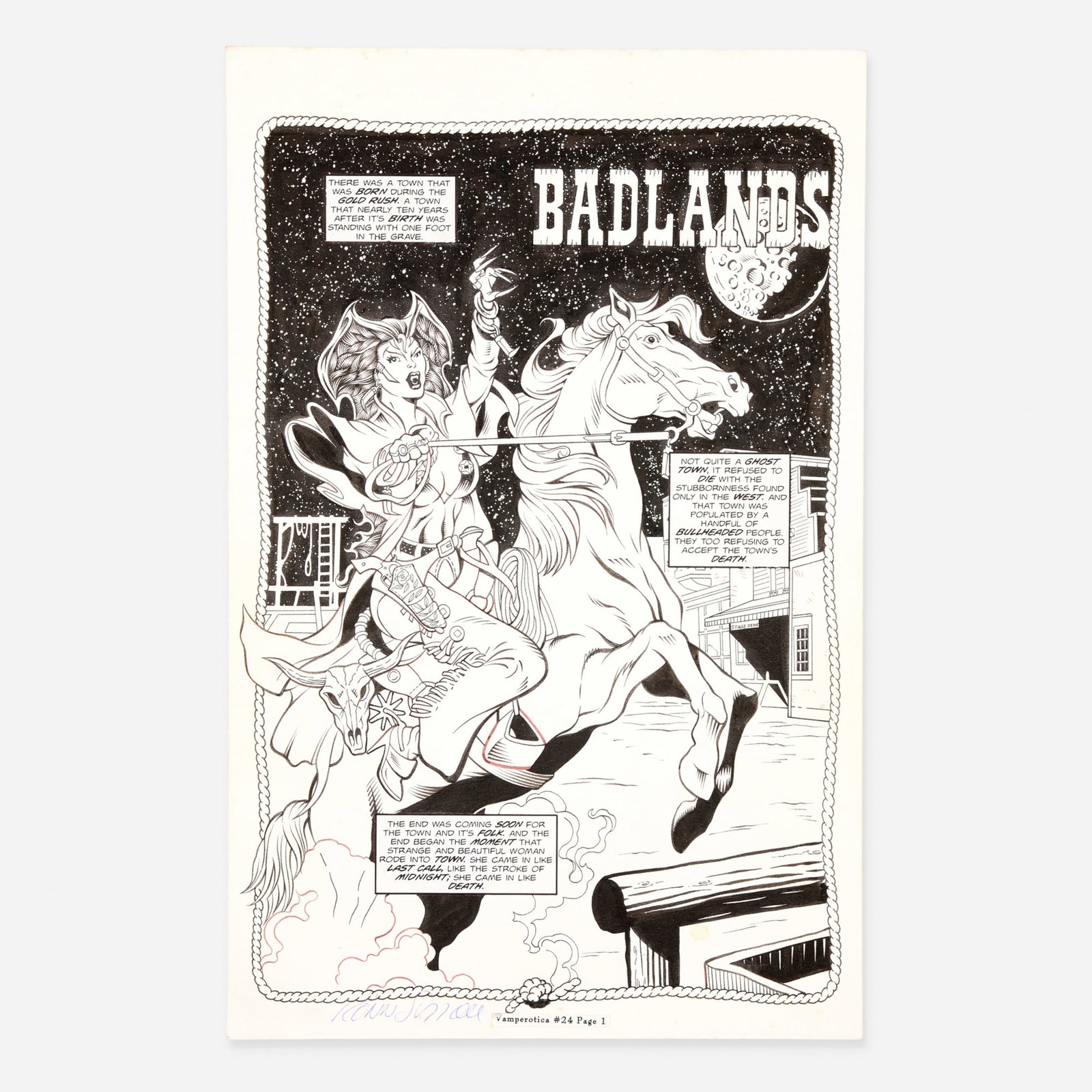 Ronn Sutton and Chris Leidenfrost, Vamperotica #24 Story Page 1 Original Art: Ronn Sutton and Chris Leidenfrost Vamperotica #24 Story Page 1 Original Art (Brainstorm Comics, 1995) pencil and ink on Bristol board, word balloons pasted onto artwork 17 h x 11 w in (43 x 28 cm) Thi