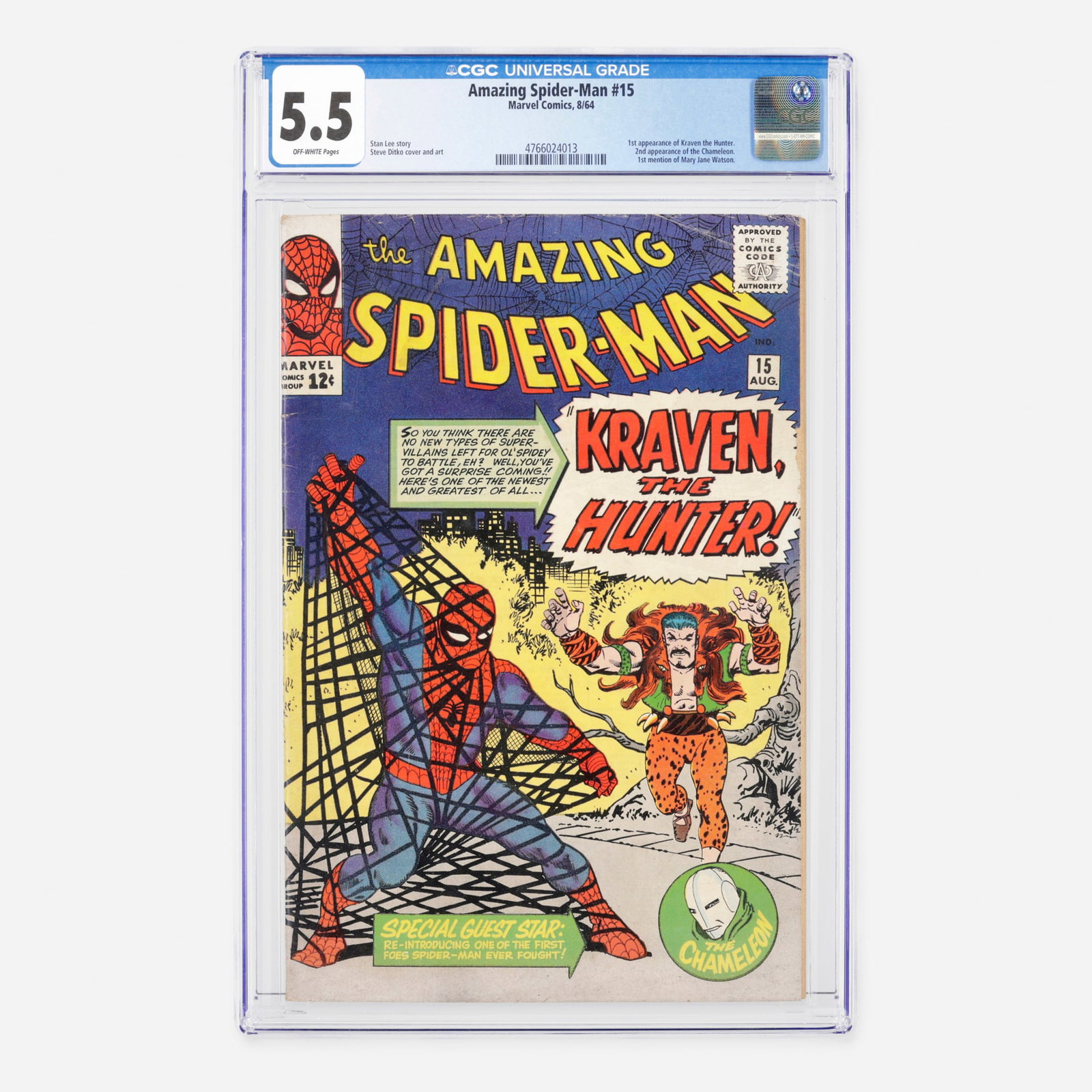 Marvel Comics Amazing Spider-Man #15 CGC 5.5: Marvel Comics Amazing Spider-Man #15 CGC 5.5 USA, 1964 Released during the Silver Age, this milestone issue marks the first appearance of Kraven the Hunter, the second appearance of the Chameleon, and