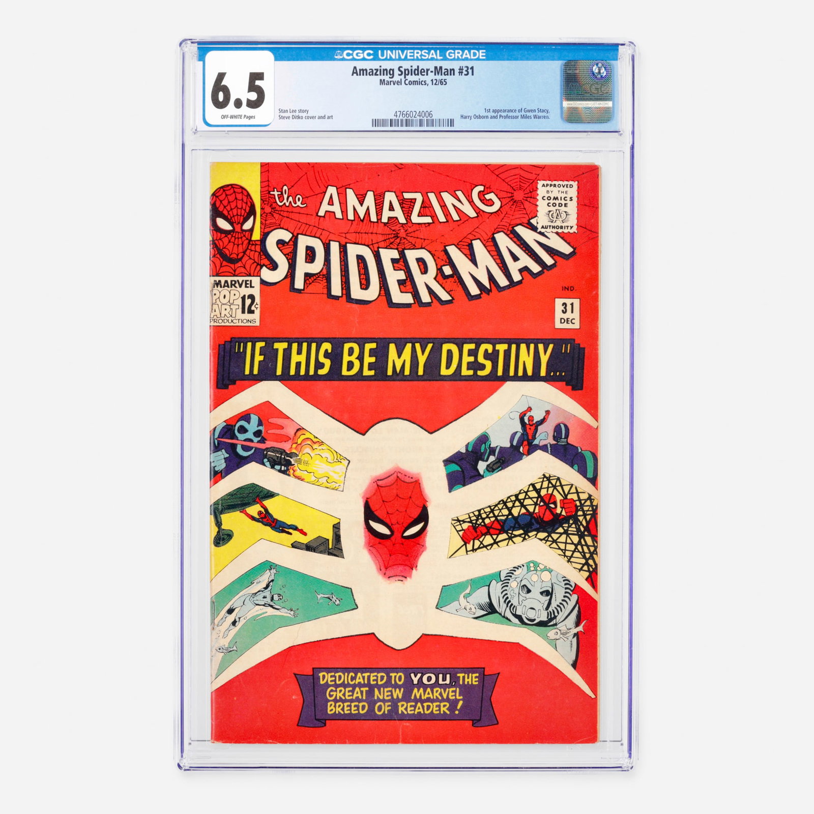 Marvel Comics Amazing Spider-Man #31 CGC 6.5: Marvel Comics Amazing Spider-Man #31 CGC 6.5 USA, 1965 Released during the Silver Age, this milestone issue marks the first appearance of Gwen Stacy, Harry Osborn, and Professor Miles Warren. The narr