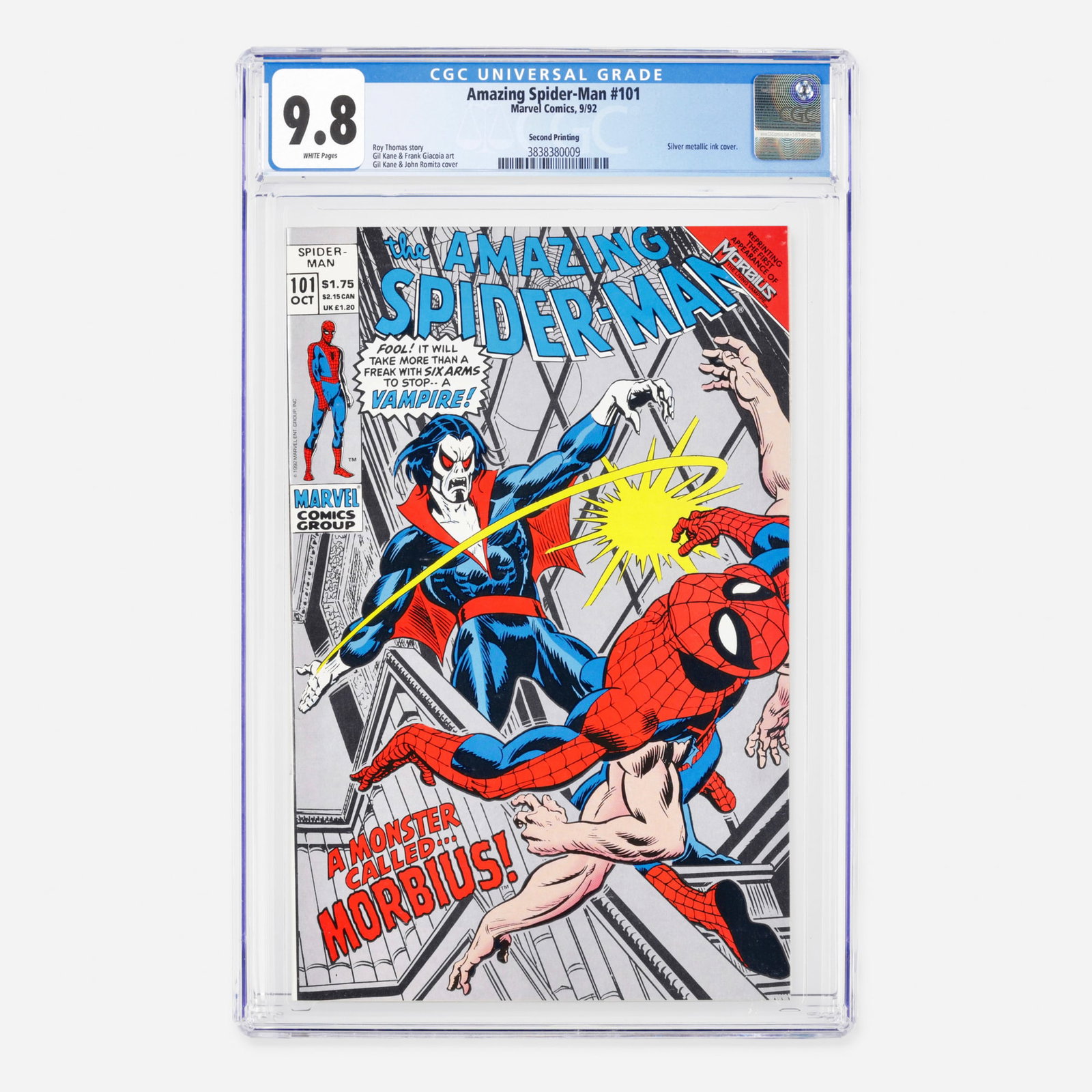 Marvel Comics Amazing Spider-Man #101 CGC 9.8 Second Printing: Marvel Comics Amazing Spider-Man #101 CGC 9.8 Second Printing USA, 1992 Belonging to the Modern Age, this issue features a striking silver metallic ink cover. It was written by Roy Thomas featuring cl