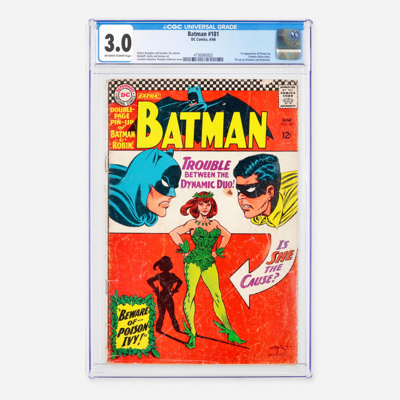 DC Comics Batman #181 CGC 3.0: DC Comics Batman #181 CGC 3.0 USA, 1966 Belonging to the Silver Age, this historic issue marks the first appearance of Poison Ivy (Pamela Lillian Isley) alongside a pin-up. The legendary DC tale