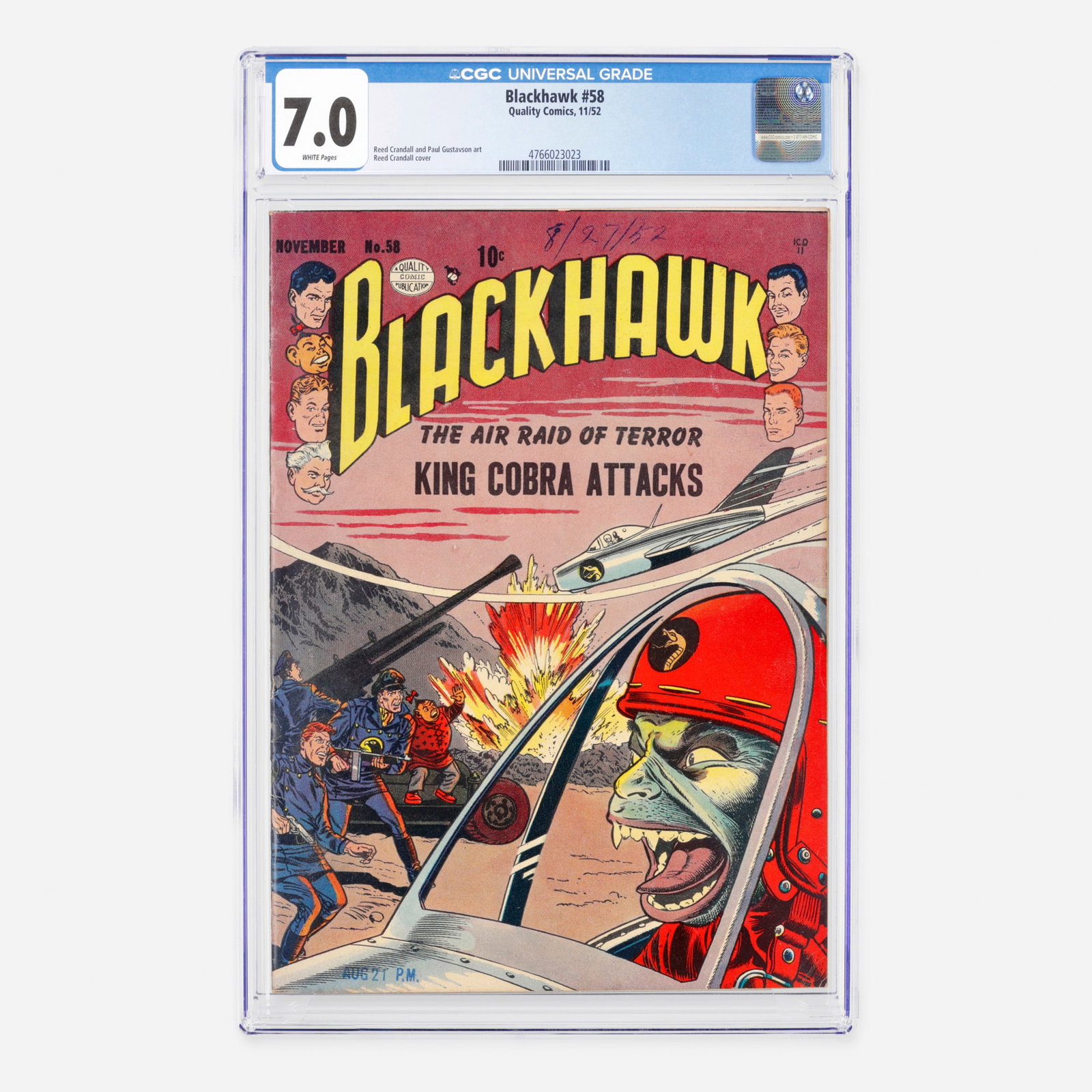 Quality Comics Blackhawk #58 CGC 7.0: Quality Comics Blackhawk #58 CGC 7.0 USA, 1952 This Golden Age adventure issue features interior art by Reed Crandall and Paul Gustavson, complemented by a cover illustration from Reed Crandall.