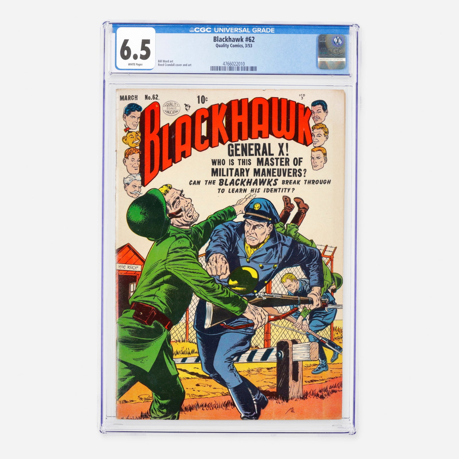 Quality Comics Blackhawk #62 CGC 6.5: Quality Comics Blackhawk #62 CGC 6.5 USA, 1953 This Golden Age issue delivers classic aviation adventure featuring interior art by Bill Ward, alongside cover illustration and interior art by Reed