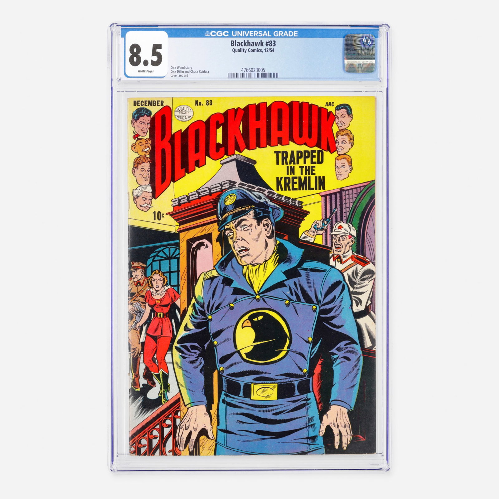 Quality Comics Blackhawk #83 CGC 8.5: Quality Comics Blackhawk #83 CGC 8.5 USA, 1954 This Golden Age adventure issue features a classic story penned by Dick Wood, with cover illustration and interior art by Dick Dillin and Chuck Cuidera.