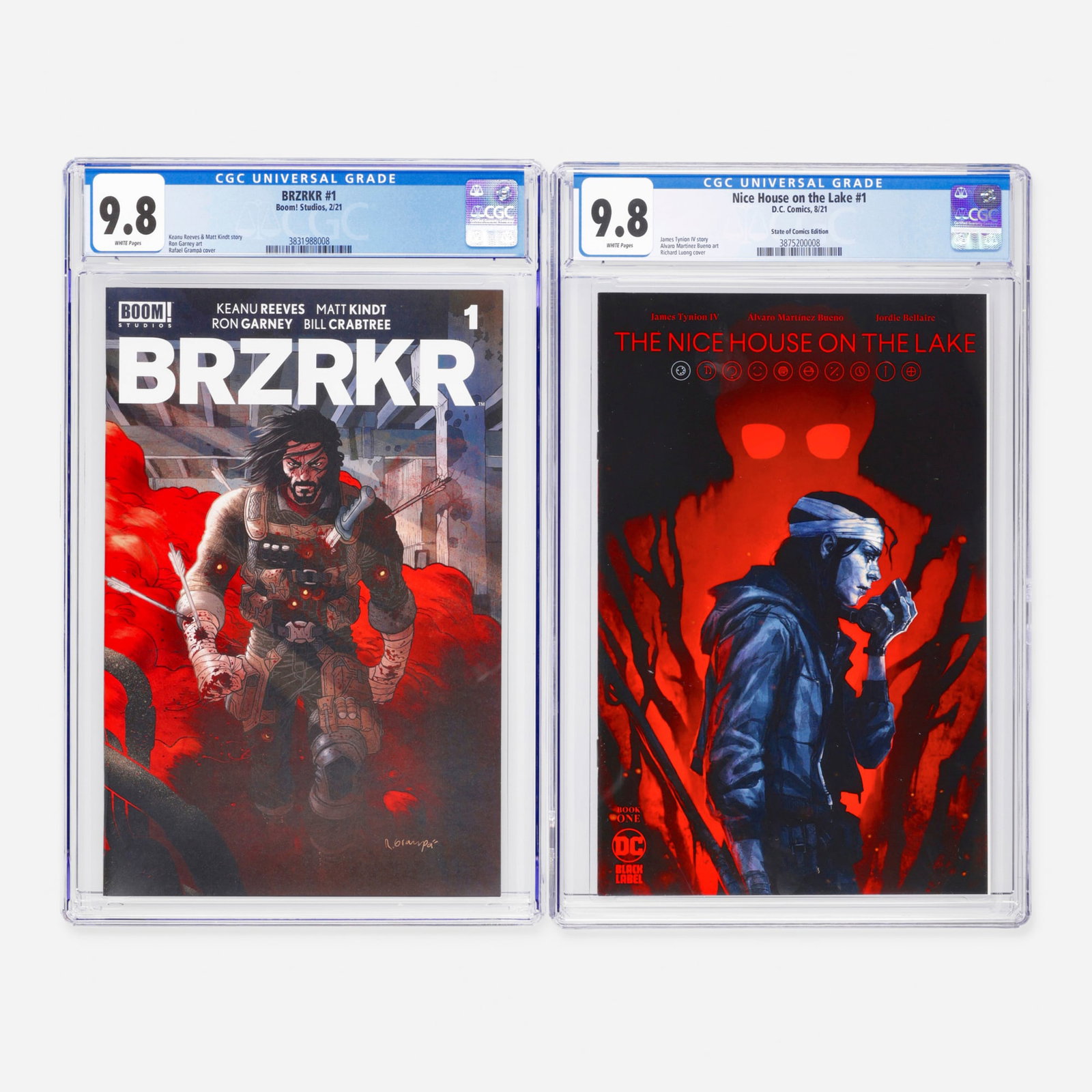 2 Boom! Studios and DC Comics BRZRKR #1 and Nice House on the Lake #1 CGC 9.8 Group: 2 Boom! Studios and DC Comics BRZRKR #1 and Nice House on the Lake #1 CGC 9.8 Group Boom! Studios BRZRKR #1 CGC 9.8 (2/21) CGC#: 3831988008 Population: 2379 in 9.8, 0 higher