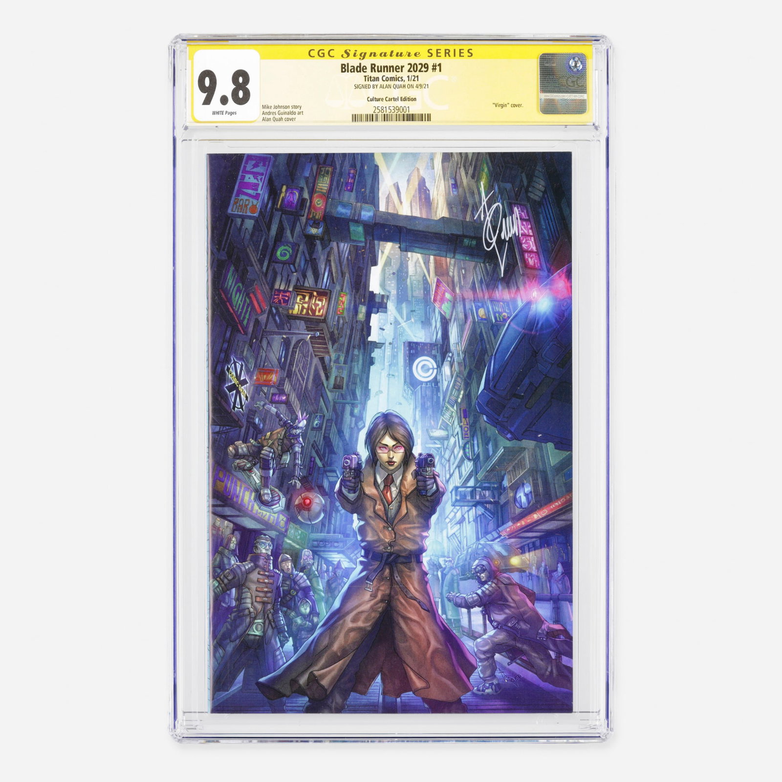 Titan Comics Blade Runner 2029 #1 CGC 9.8 Culture Cartel Edition Signature Series Alan Quah: Titan Comics Blade Runner 2029 #1 CGC 9.8 Culture Cartel Edition Signature Series Alan Quah USA, 2021 This Modern Age Culture Cartel Edition variant features a striking "virgin" cover and bears a
