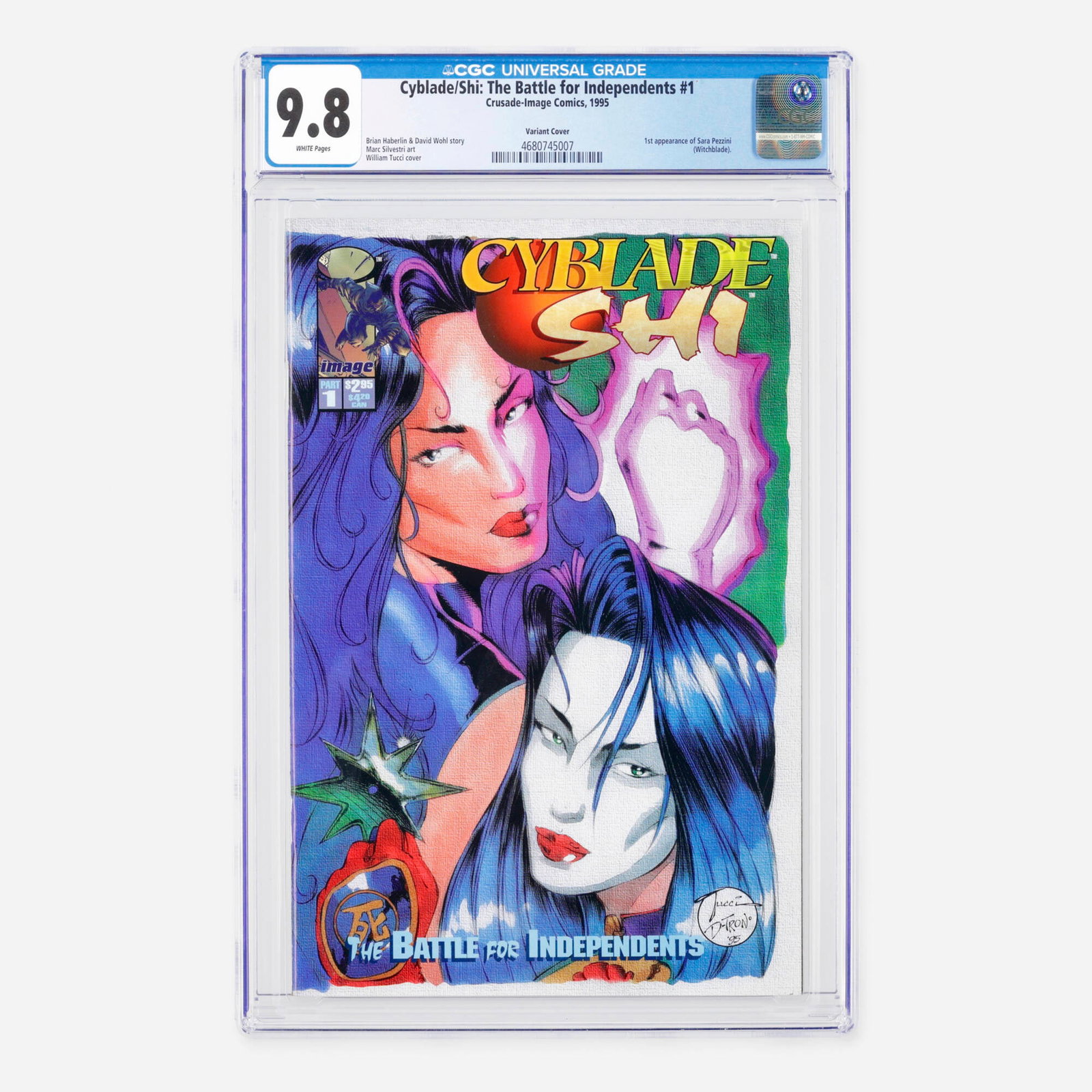 Crusade-Image Comics Cyblade/Shi: The Battle for Independents #1 CGC 9.8 Variant Cover: Crusade-Image Comics Cyblade/Shi: The Battle for Independents #1 CGC 9.8 Variant Cover USA, 1995 This special variant edition from the Modern Age highlights the first appearance of Sara Pezzini as