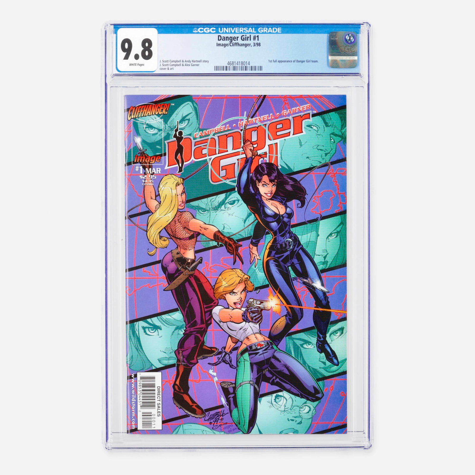 Image/Cliffhanger Danger Girl #1 CGC 9.8: Image/Cliffhanger Danger Girl #1 CGC 9.8 USA, 1998 Released in the Modern Age, this milestone issue features the first full appearance of the Danger Girl team. The narrative was crafted by J. Scott