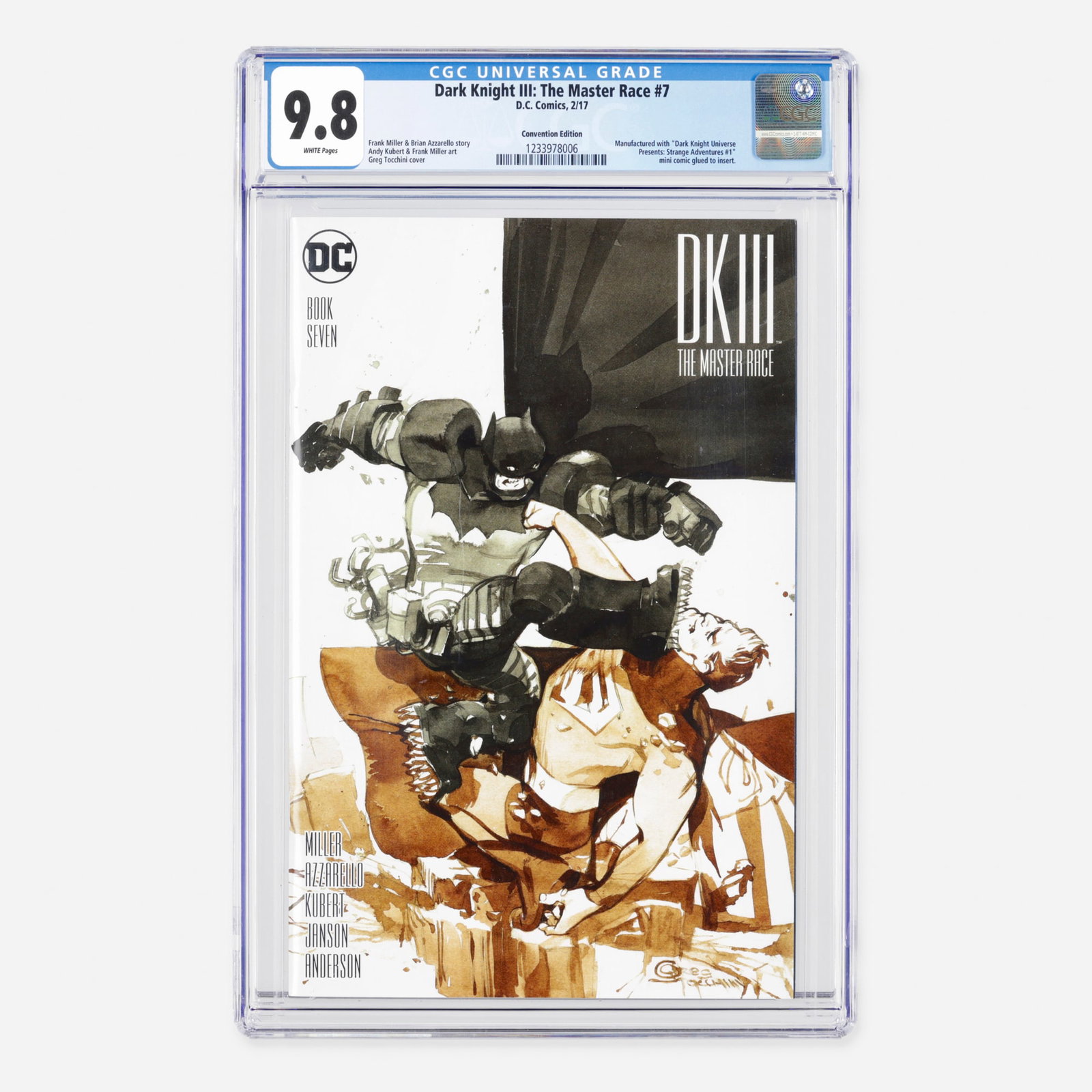 DC Comics Dark Knight III: The Master Race #7 CGC 9.8 Convention Edition: DC Comics Dark Knight III: The Master Race #7 CGC 9.8 Convention Edition USA, 2017 This Modern Age issue includes a manufactured Dark Knight Universe Presents: Strange Adventures #1 mini comic glued