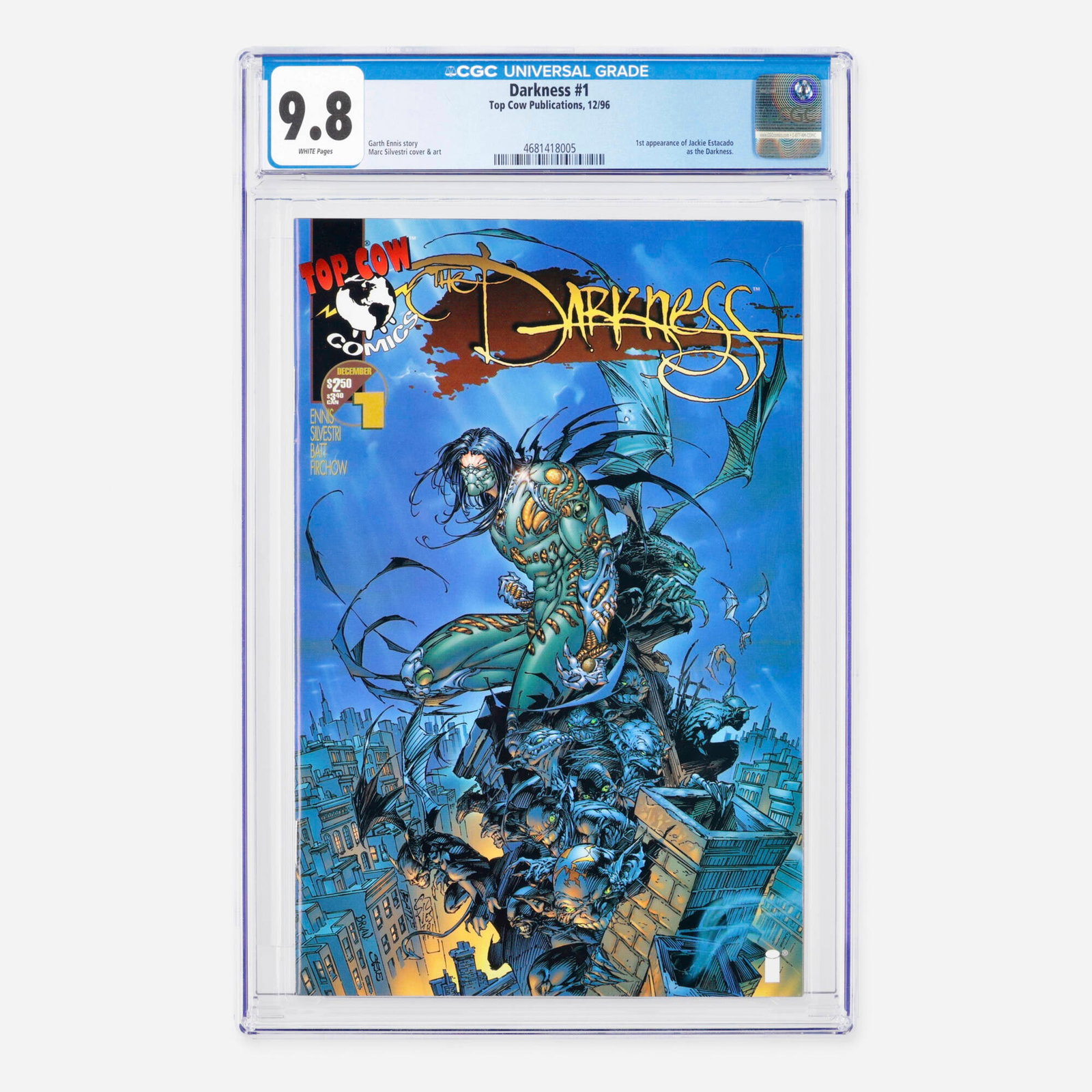Top Cow Publications Darkness #1 CGC 9.8: Top Cow Publications Darkness #1 CGC 9.8 USA, 1996 Released during the Modern Age, this milestone issue marks the first appearance of Jackie Estacado as the Darkness. The narrative was written by