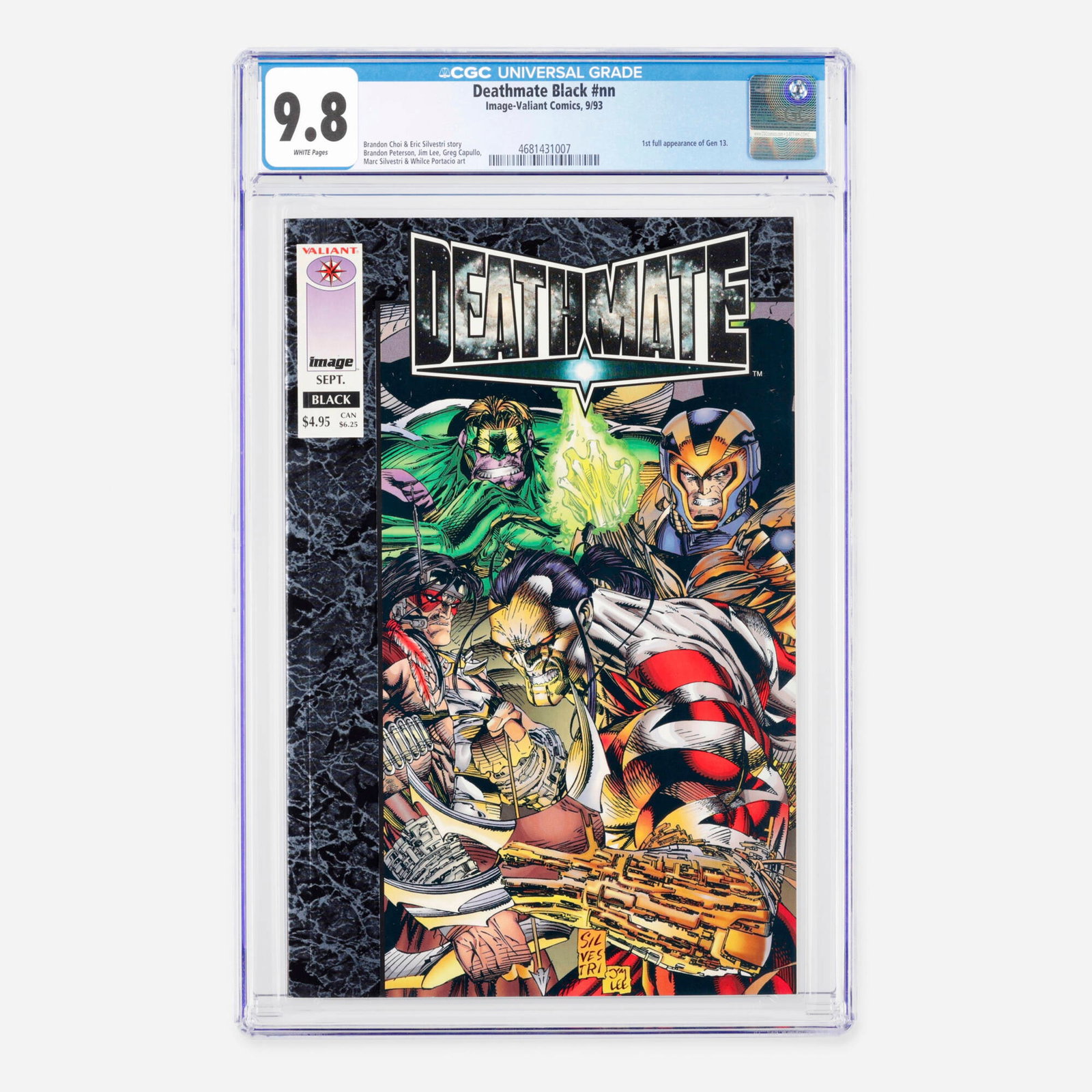 Image-Valiant Comics Deathmate Black #nn CGC 9.8: Image-Valiant Comics Deathmate Black #nn CGC 9.8 USA, 1993 This notable Modern Age crossover issue features the first full appearance of Gen 13. The story was written by Brandon Choi and Eric