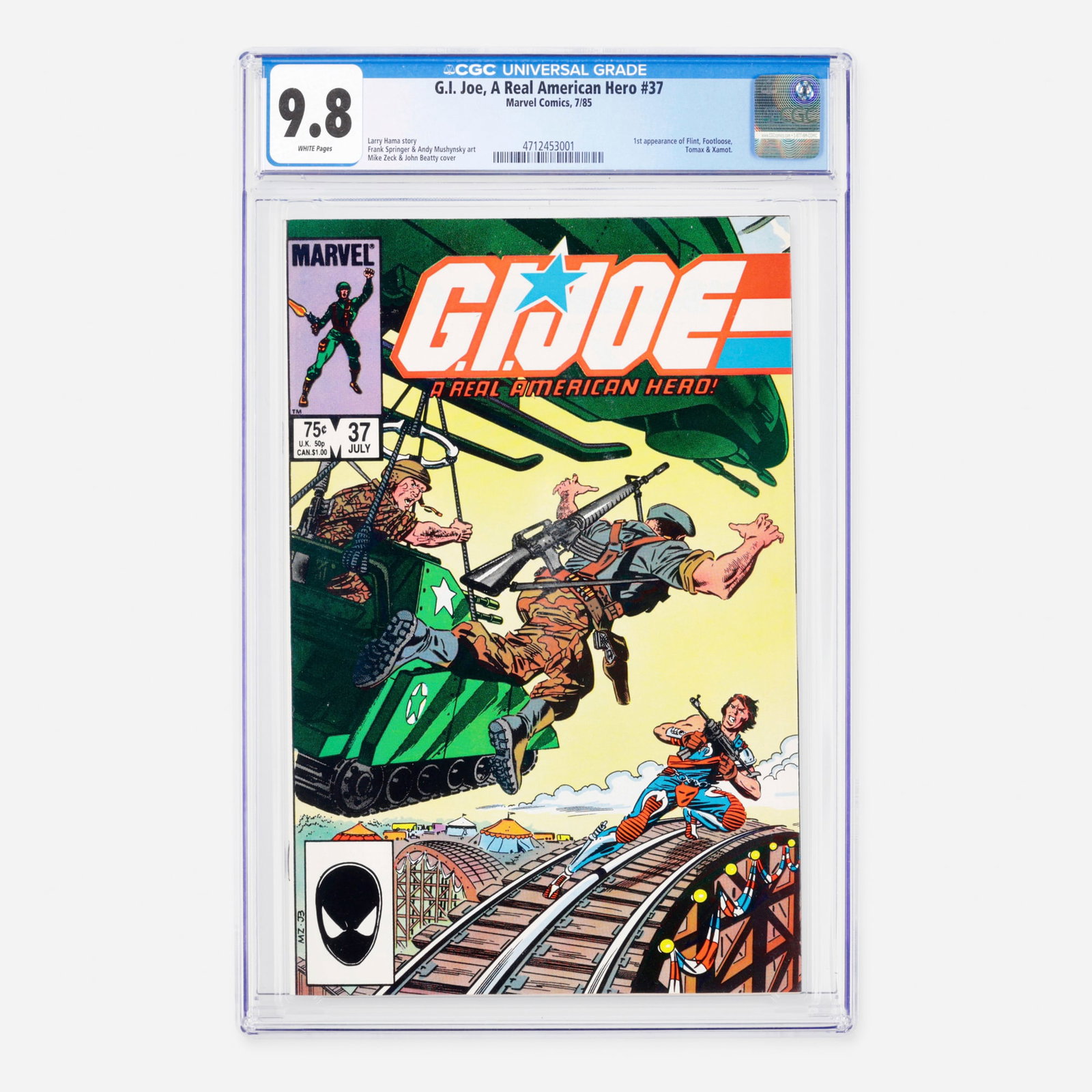 Marvel Comics G.I. Joe, A Real American Hero #37 CGC 9.8: Marvel Comics G.I. Joe, A Real American Hero #37 CGC 9.8 USA, 1985 Released during the Modern Age, this milestone issue marks the first appearance of Flint, Footloose, Tomax, and Xamot. The narrative