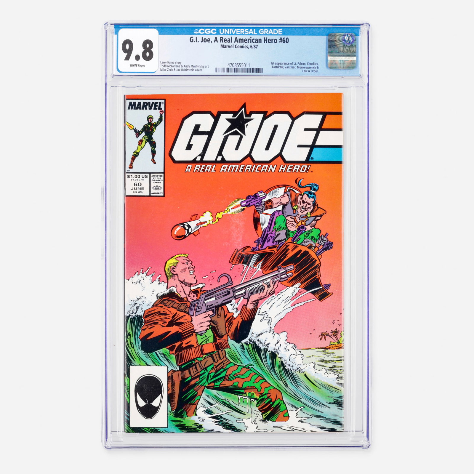 Marvel Comics G.I. Joe, A Real American Hero #60 CGC 9.8: Marvel Comics G.I. Joe, A Real American Hero #60 CGC 9.8 USA, 1987 Released during the Modern Age, this milestone issue marks the first appearance of Lt. Falcon, Chuckles, Fastdraw, Zanzibar, Monkeywr