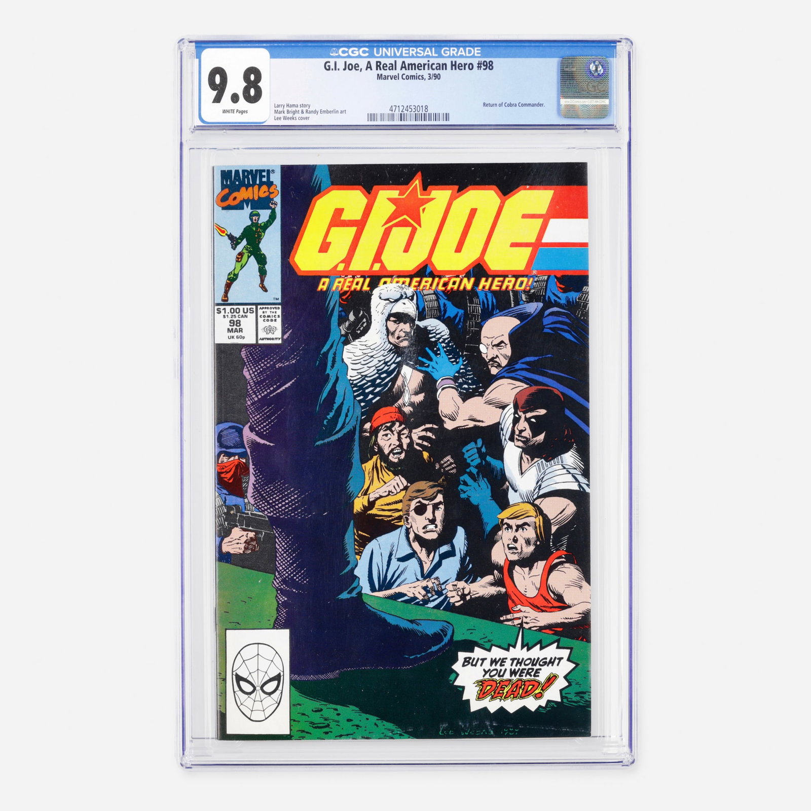 Marvel Comics G.I. Joe, A Real American Hero #98 CGC 9.8: Marvel Comics G.I. Joe, A Real American Hero #98 CGC 9.8 USA, 1990 Released during the Modern Age, this milestone issue marks the return of Cobra Commander. The narrative was written by Larry Hama, fe