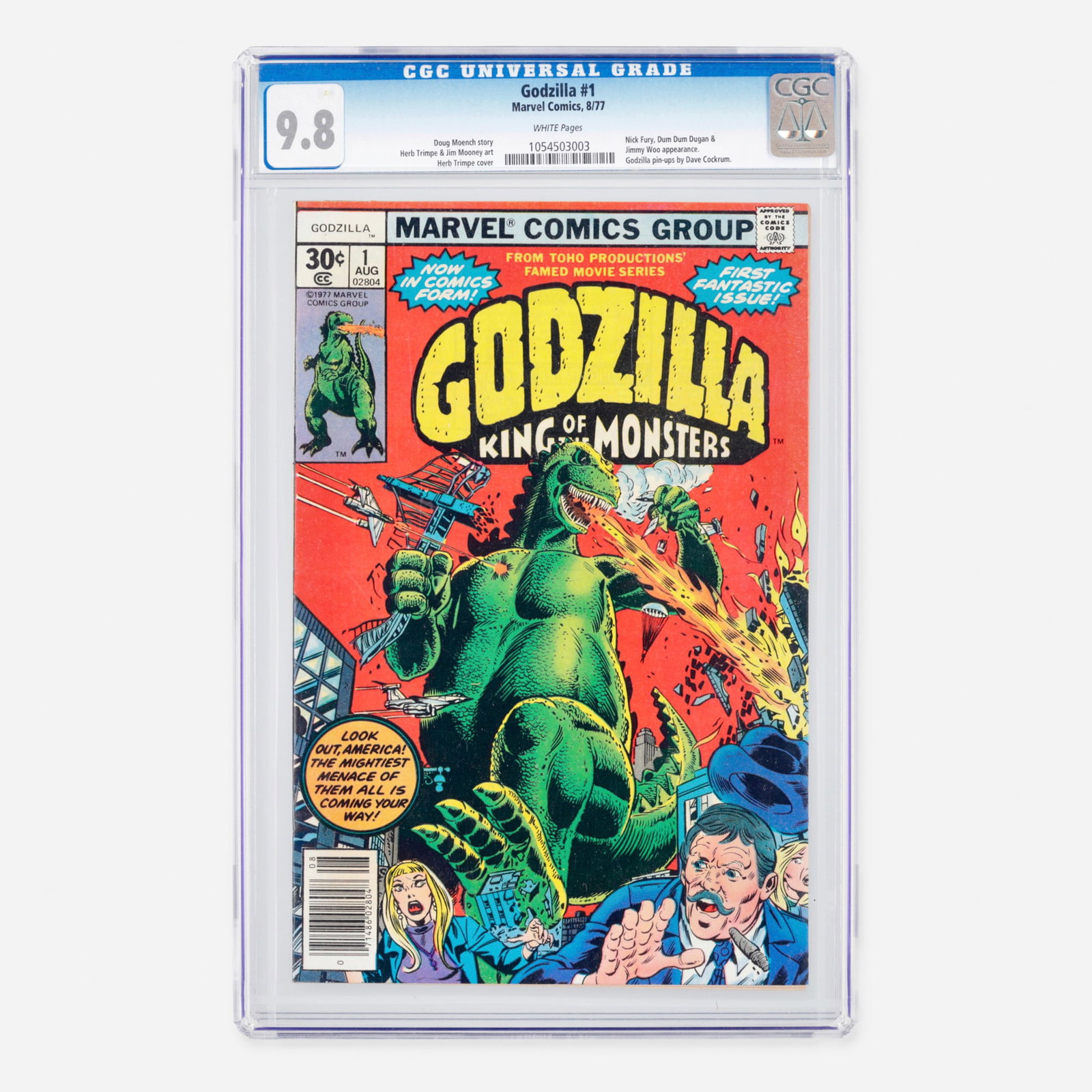 Marvel Comics Godzilla #1 CGC 9.8: Marvel Comics Godzilla #1 CGC 9.8 USA, 1977 Set in the Bronze Age, featuring appearances by Nick Fury, Dum Dum Dugan, and Jimmy Woo, along with Godzilla pin-ups by Dave Cockrum. It was written by Doug