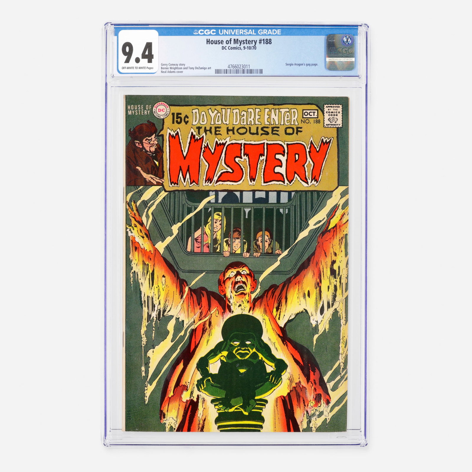 DC Comics House of Mystery #188 CGC 9.4: DC Comics House of Mystery #188 CGC 9.4 USA, 1970 This Bronze Age horror anthology issue features a humorous gag page by Sergio Aragones, alongside a compelling story by Gerry Conway. The interior art