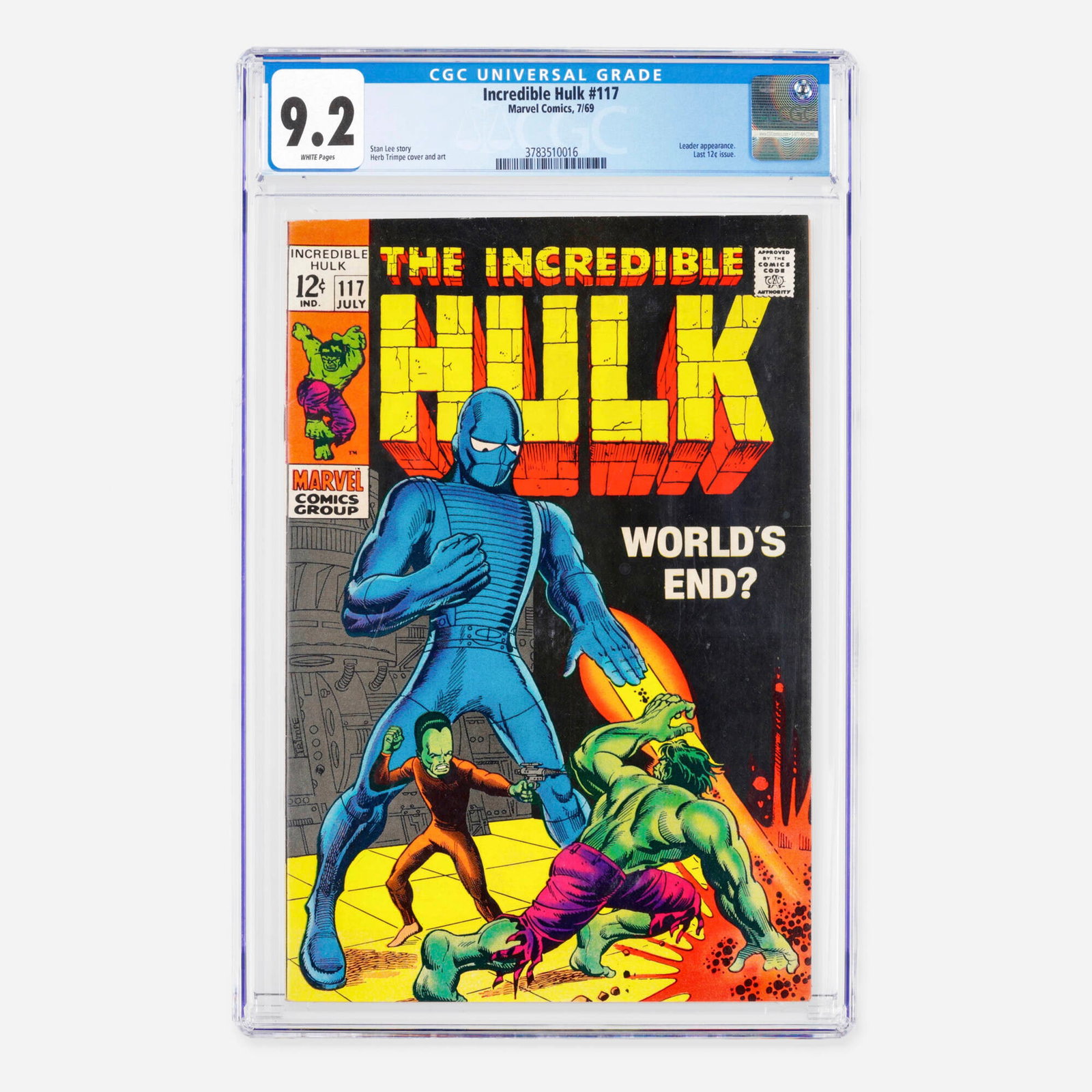 Marvel Comics Incredible Hulk #117 CGC 9.2: Marvel Comics Incredible Hulk #117 CGC 9.2 USA, 1969 This Silver Age issue features a notable Leader appearance alongside marking the last 12 cents issue of the series. The narrative and visuals are