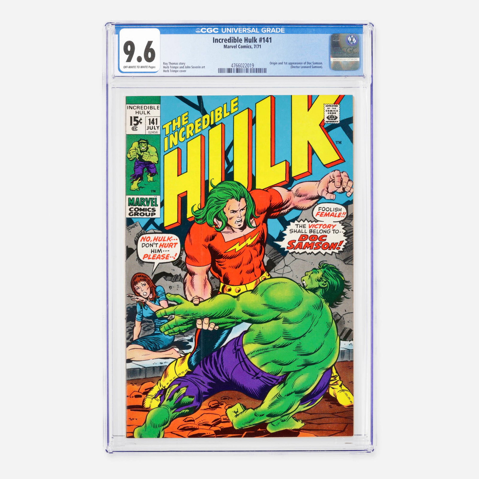 Marvel Comics Incredible Hulk #141 CGC 9.6: Marvel Comics Incredible Hulk #141 CGC 9.6 USA, 1971 Set in the Bronze Age, marking the origin and first appearance of Doc Samson (Doctor Leonard Samson). It was written by Roy Thomas with interior