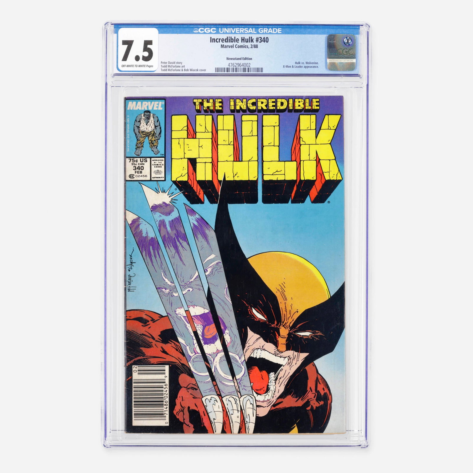 Marvel Comics Incredible Hulk #340 CGC 7.5 Newsstand: Marvel Comics Incredible Hulk #340 CGC 7.5 Newsstand USA, 1988 This Modern Age classic delivers the legendary showdown in Hulk vs. Wolverine, alongside appearances by the X-Men and the Leader. The
