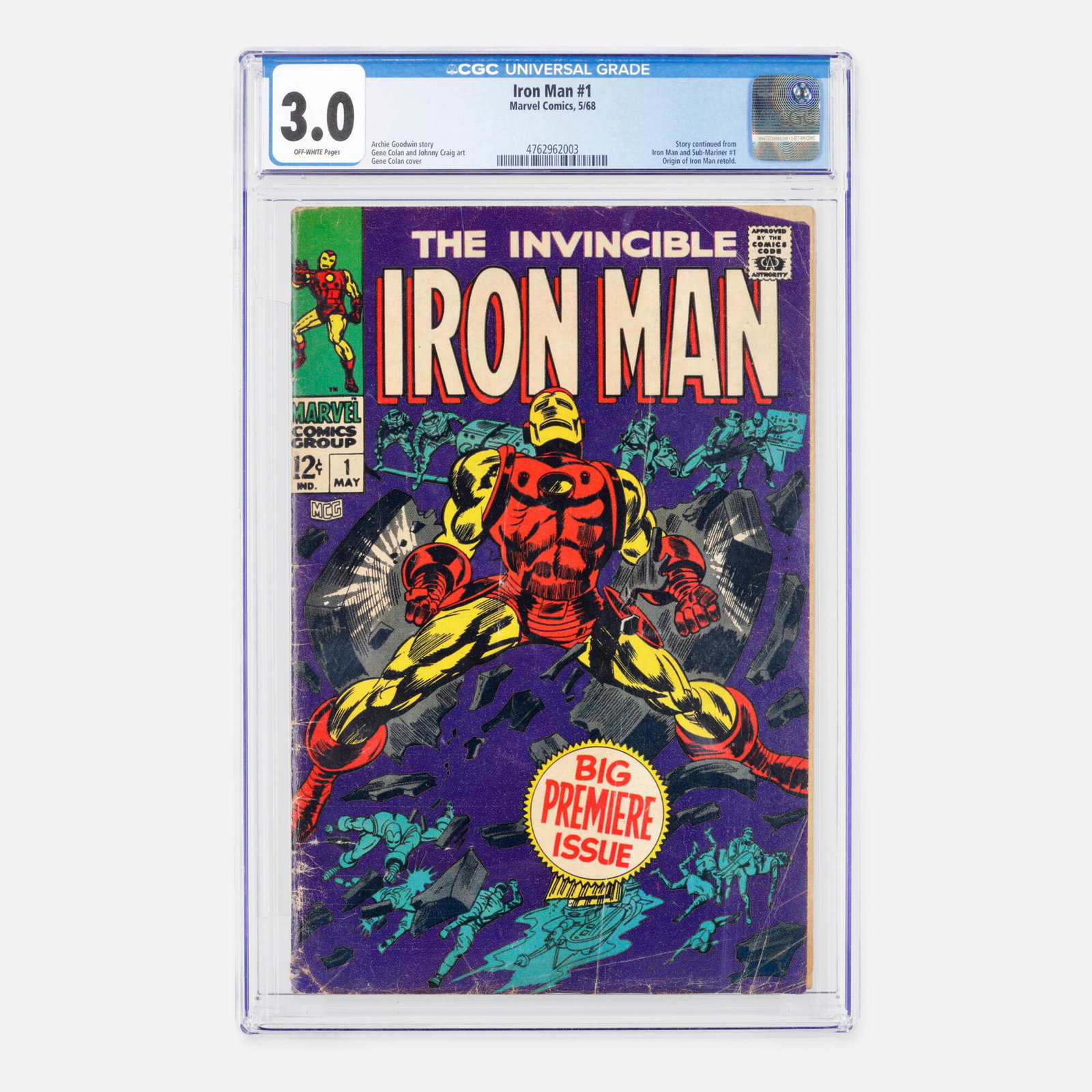 Marvel Comics Iron Man #1 CGC 3.0: Marvel Comics Iron Man #1 CGC 3.0 USA, 1968 This Silver Age milestone issue features the origin of Iron Man retold, with the story continuing from Iron Man and Sub-Mariner #1. It includes a compelling