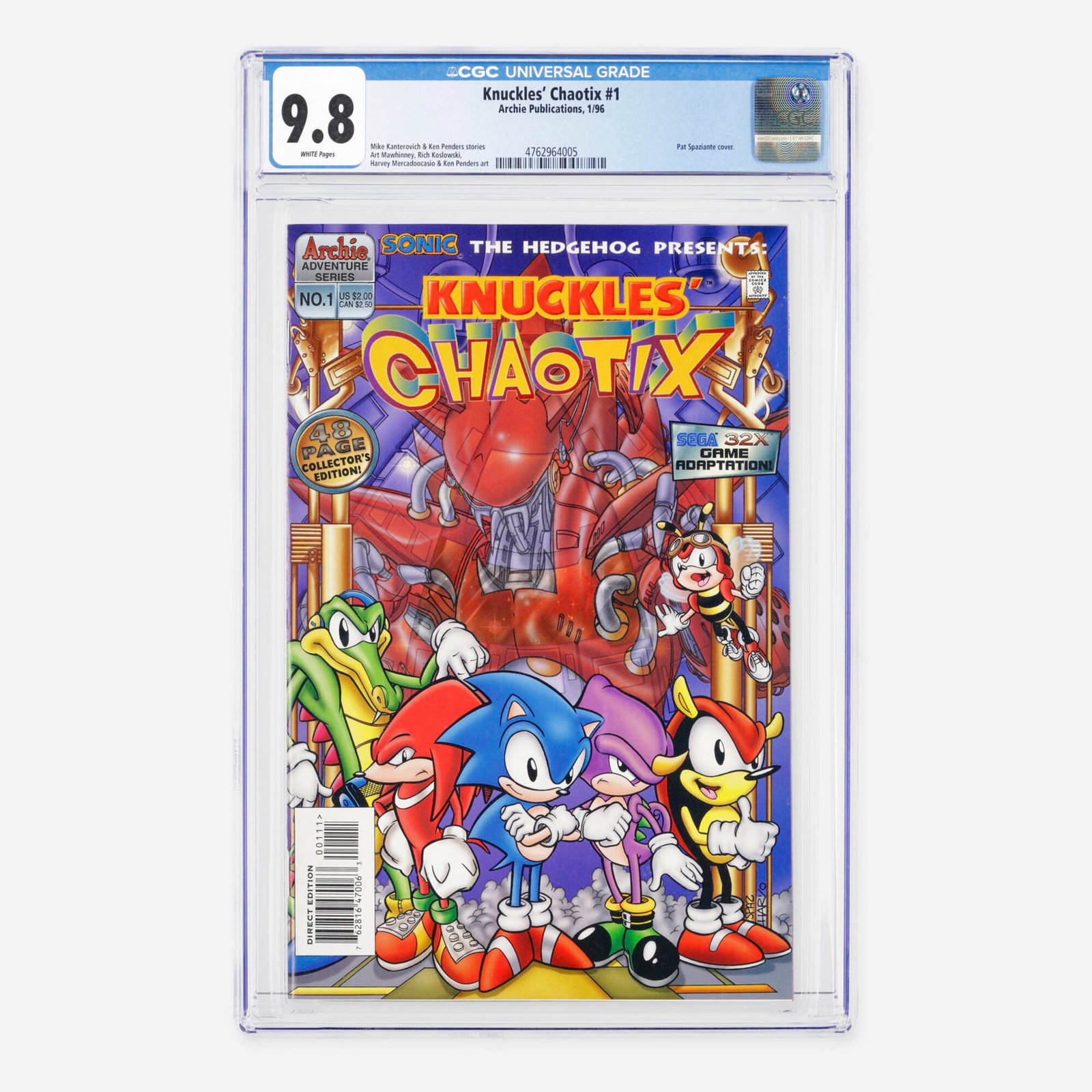 Archie Publications Knuckles' Chaotix #1 CGC 9.8: Archie Publications Knuckles' Chaotix #1 CGC 9.8 USA, 1996 This Modern Age video game adaptation issue features stories penned by Mike Kanterovich and Ken Penders, with interior art by Art Mawhinney, 