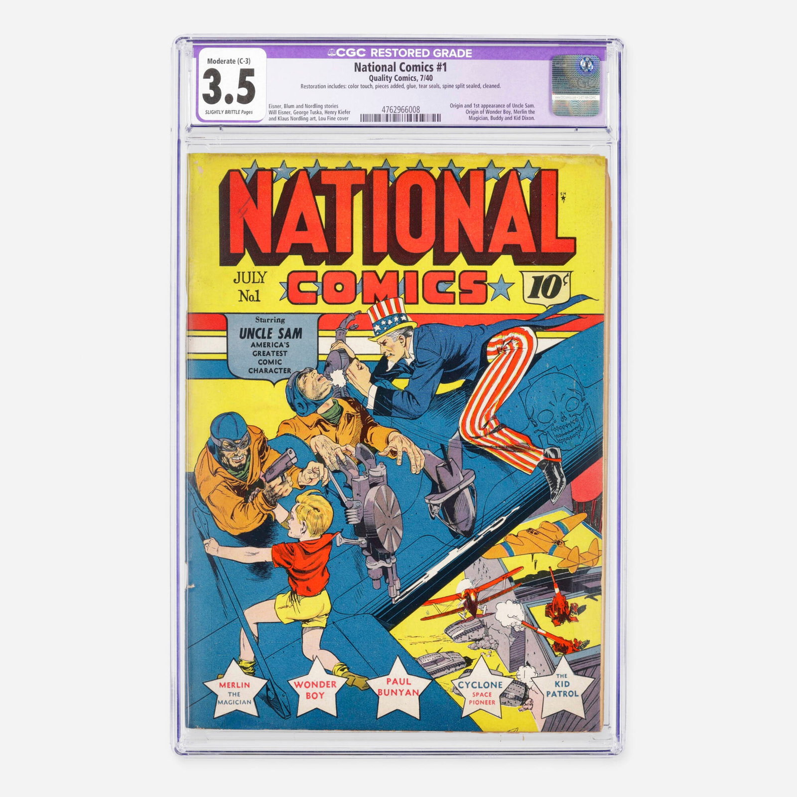 Quality Comics National Comics #1 CGC 3.5 C-3: Quality Comics National Comics #1 CGC 3.5 C-3 USA, 1940 This Golden Age debut issue features the origin and first appearance of Uncle Sam, alongside the origin stories of Wonder Boy, Merlin the Magici