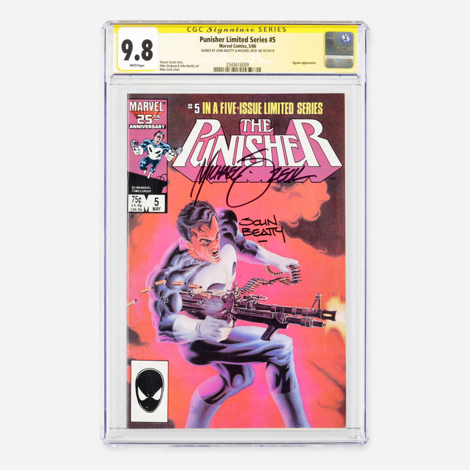 Marvel Comics Punisher Limited Series #5 CGC 9.8 Signature Series Beatty and Zeck: Marvel Comics Punisher Limited Series #5 CGC 9.8 Signature Series Beatty and Zeck USA, 1986 Released during the Modern Age, this collectible Signature Series issue features an appearance by Jigsaw and