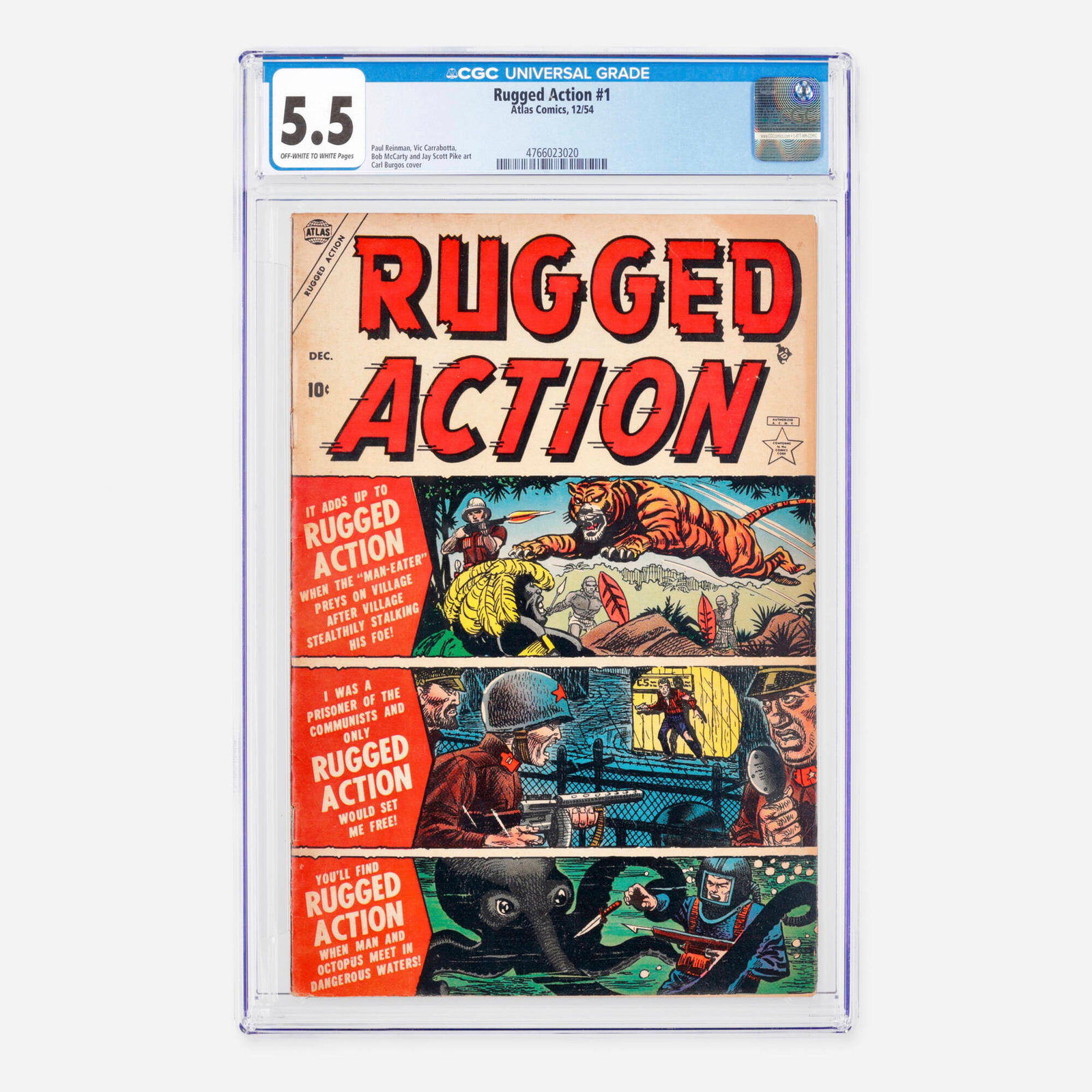 Atlas Comics Rugged Action #1 CGC 5.5: Atlas Comics Rugged Action #1 CGC 5.5 USA, 1954 This Golden Age military and adventure issue features dynamic interior art by Paul Reinman, Vic Carrabotta, Bob McCarty, and Jay Scott Pike,