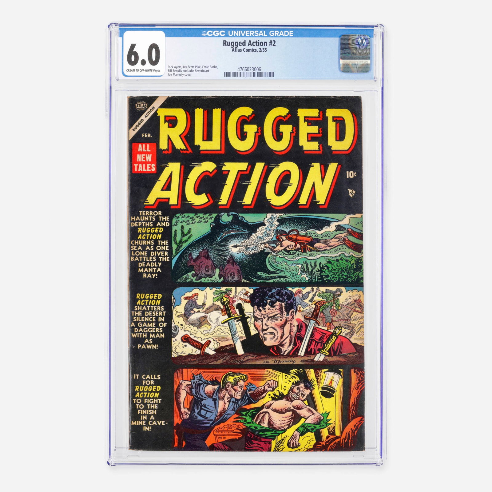 Atlas Comics Rugged Action #2 CGC 6.0: Atlas Comics Rugged Action #2 CGC 6.0 USA, 1955 This Golden Age military and adventure issue features dynamic interior art by Dick Ayers, Jay Scott Pike, Ernie Bache, Bill Benulis, and John Severin,