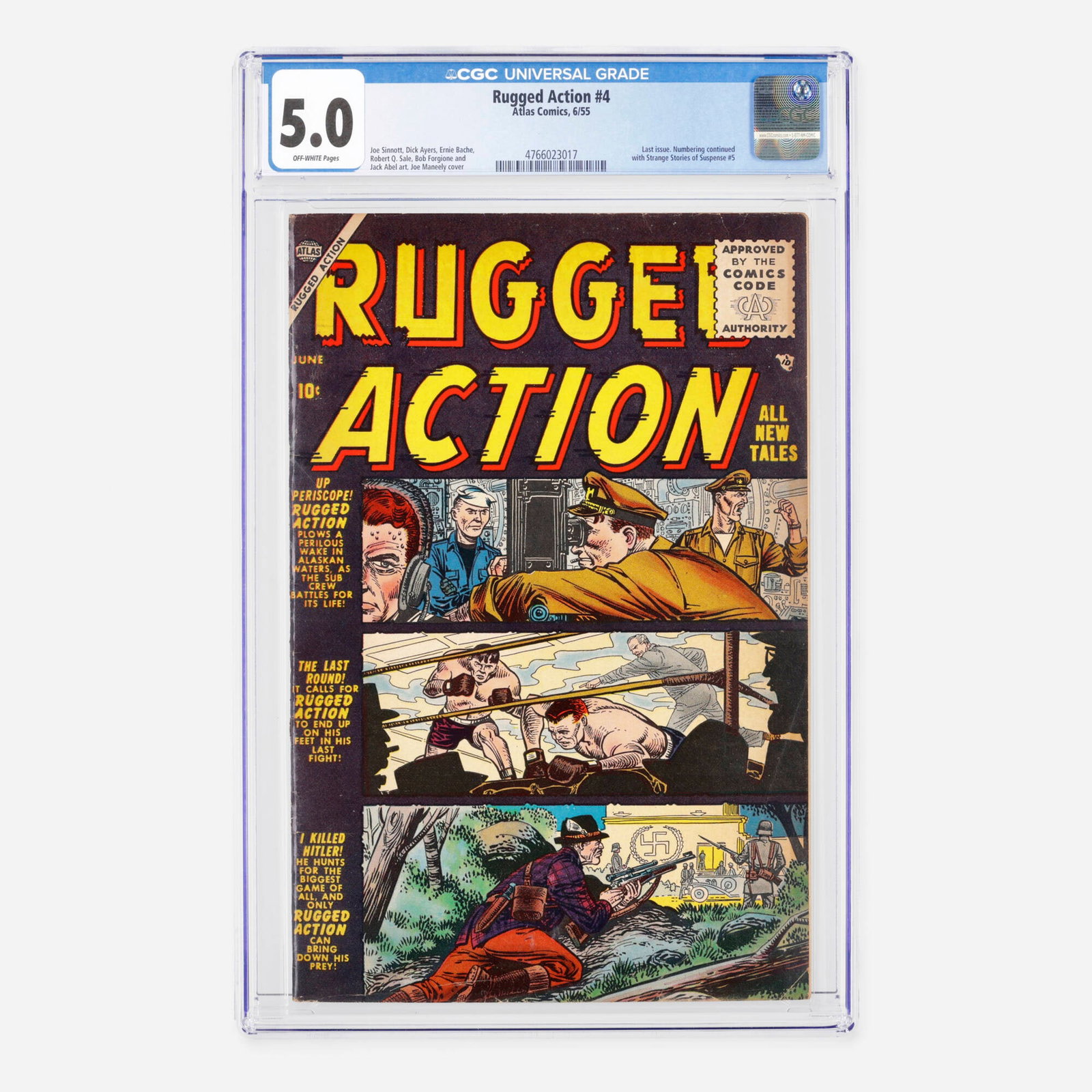Atlas Comics Rugged Action #4 CGC 5.0: Atlas Comics Rugged Action #4 CGC 5.0 USA, 1955 This Golden Age military and adventure issue serves as the final installment, with numbering continuing in Strange Stories of Suspense #5. It features