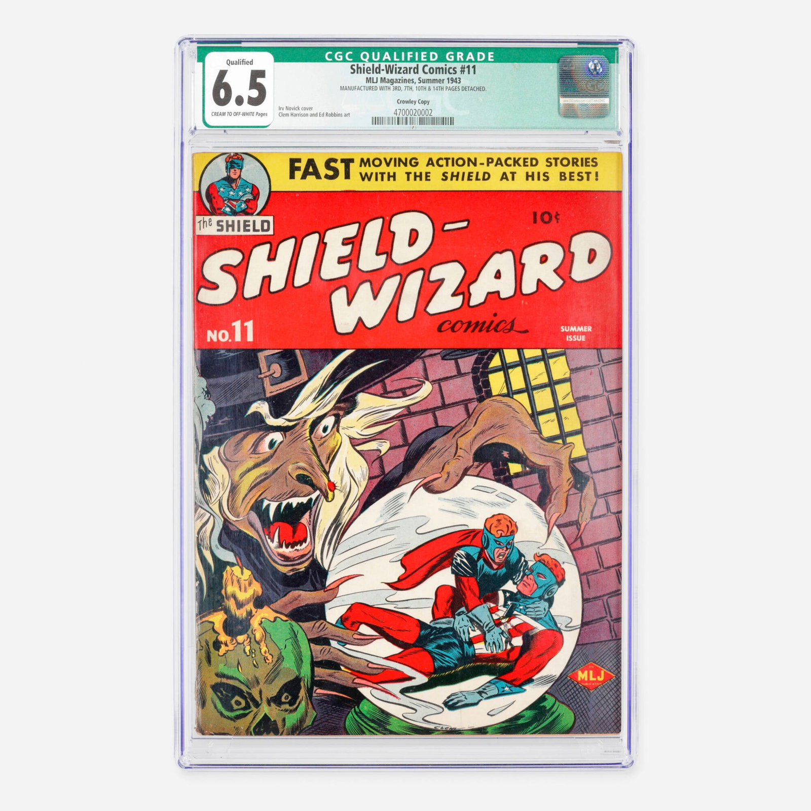 MLJ Magazines Shield-Wizard Comics #11 CGC 6.5 Qualified Crowley Copy: MLJ Magazines Shield-Wizard Comics #11 CGC 6.5 Qualified Crowley Copy USA, 1943 This Golden Age issue stems from 1943 during the height of wartime comic publishing. The book features dynamic interior