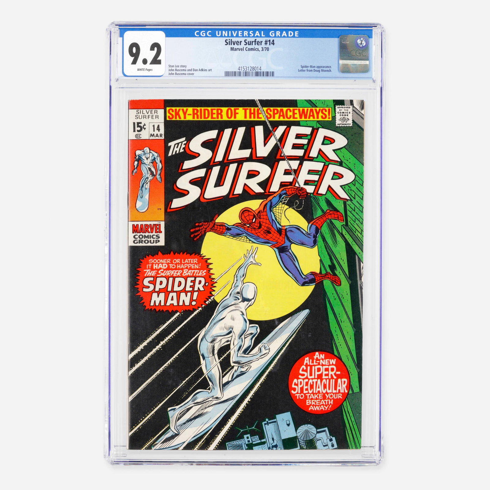 Marvel Comics Silver Surfer #14 CGC 9.2: Marvel Comics Silver Surfer #14 CGC 9.2 USA, 1970 Set in the Bronze Age, featuring a classic Spider-Man appearance and a letter from Doug Moench. It was written by Stan Lee with legendary interior