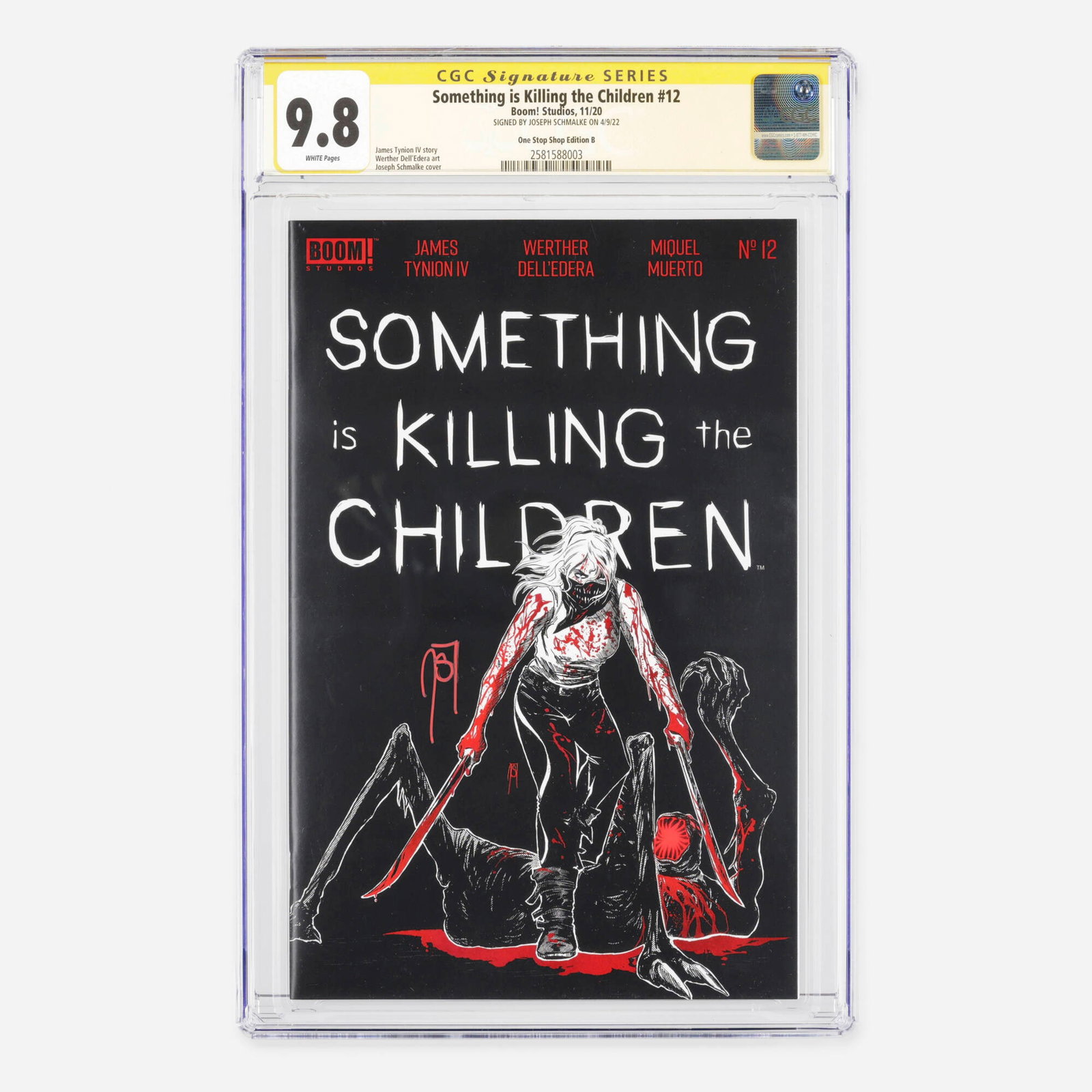 Boom! Studios Something is Killing the Children #12 CGC 9.8 One Stop Shop Edition B: Boom! Studios Something is Killing the Children #12 CGC 9.8 One Stop Shop Edition B Signature Series Joseph Schmalke USA, 2020 Belonging to the Modern Age, this collectible is a One Stop Shop Edition