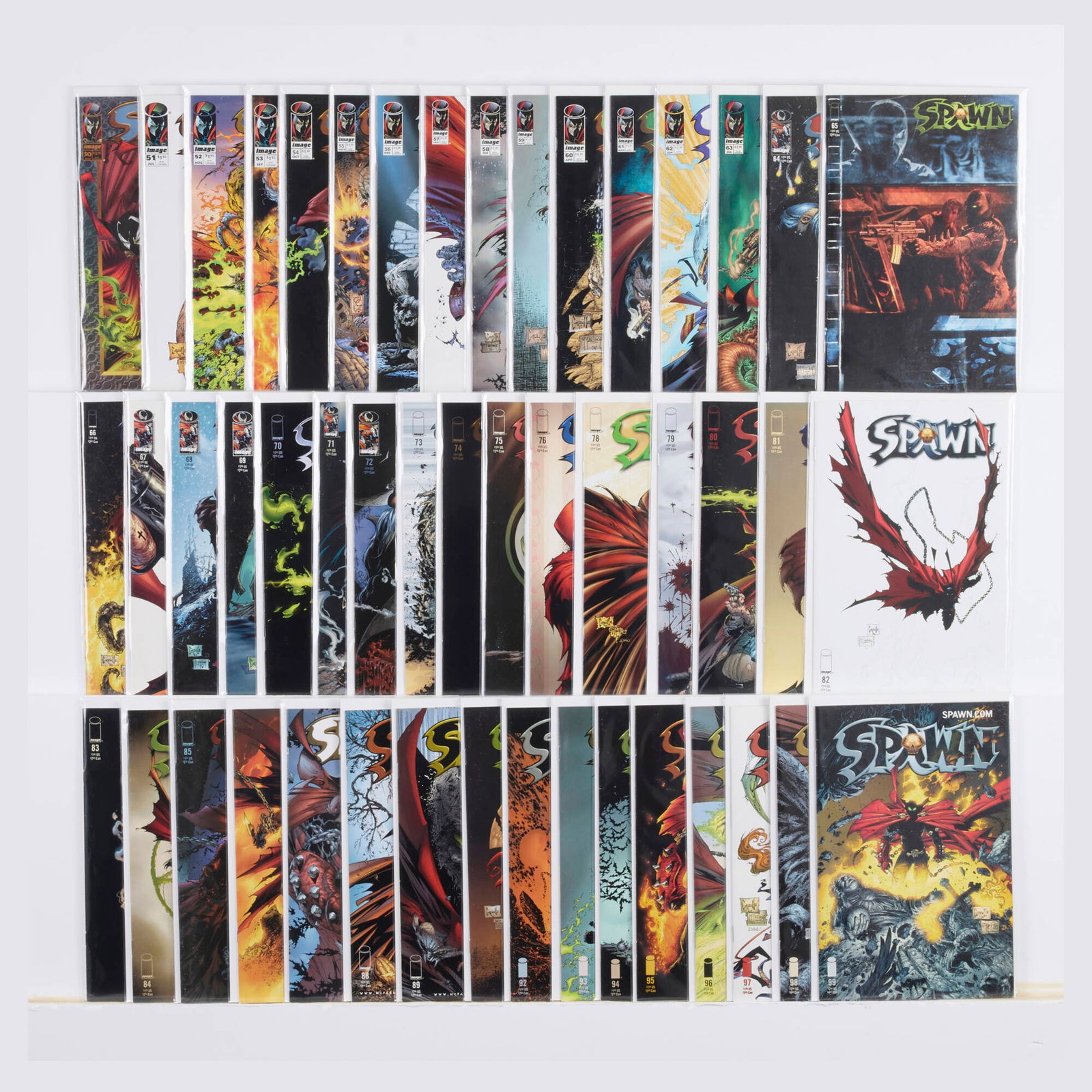 48 Image Comics Spawn #50-#99 Group: 48 Image Comics Spawn #50-#99 Group USA, 20th Century Group includes: Image Comics Spawn #50-#76, #78-#89, #91-#99 (Grades range 7.0-8.0). This work will ship from Millville, Massachusetts.