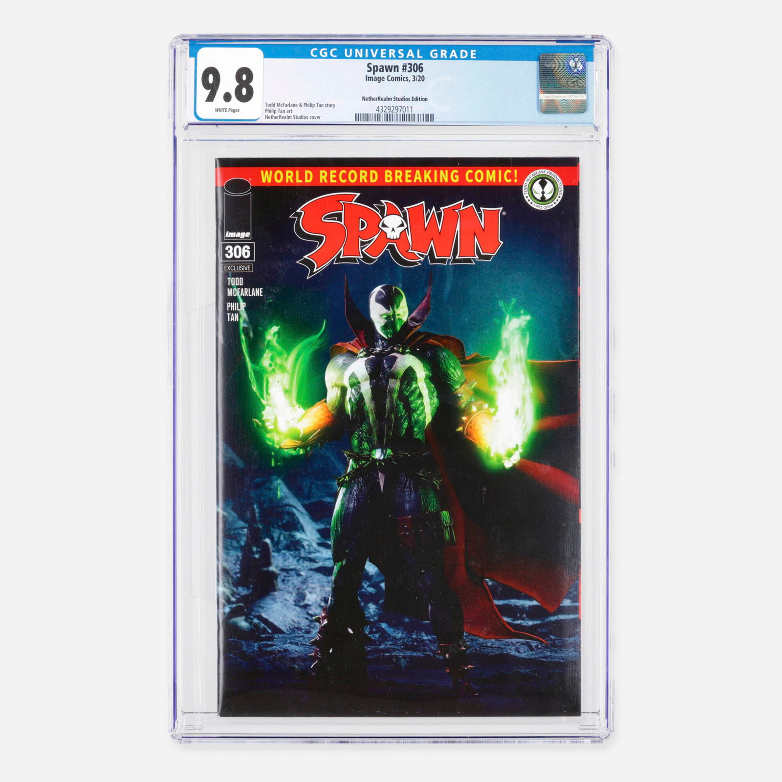 Image Comics Spawn #306 CGC 9.8 NetherRealm Studios Edition: Image Comics Spawn #306 CGC 9.8 NetherRealm Studios Edition USA, 2020 Set in the Modern Age, this NetherRealm Studios Edition variant features a striking promotional cover tied to Mortal Kombat 11.