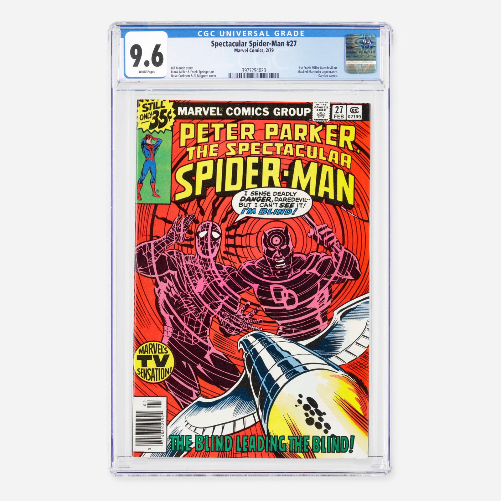 Marvel Comics Spectacular Spider-Man #27 CGC 9.6: Marvel Comics Spectacular Spider-Man #27 CGC 9.6 USA, 1979 Set in the Bronze Age, featuring the first Frank Miller Daredevil art, an appearance by the Masked Marauder, and a Carrion cameo. It was