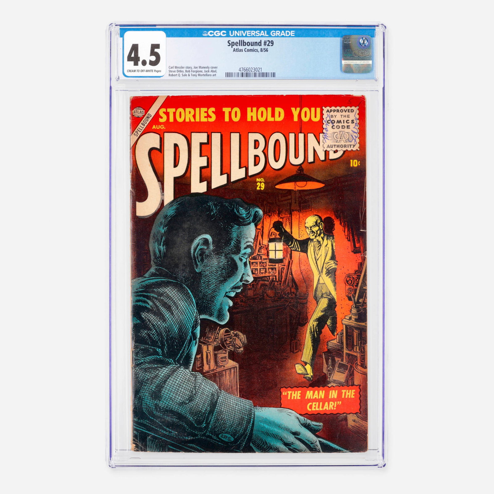 Atlas Comics Spellbound #29 CGC 4.5: Atlas Comics Spellbound #29 CGC 4.5 USA, 1956 This Golden Age suspense and horror issue features a chilling story penned by Carl Wessler, with dynamic interior art by Steve Ditko, Bob Forgione, Jack A