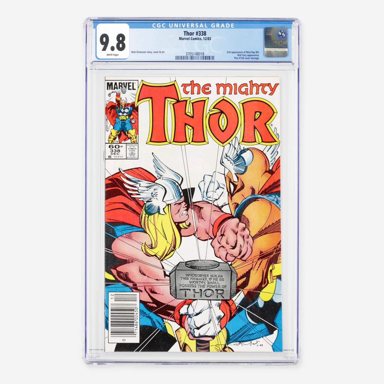 Marvel Comics Thor #338 CGC 9.8: Marvel Comics Thor #338 CGC 9.8 USA, 1983 Set in the Bronze Age, featuring the second appearance of Beta Ray Bill, a Nick Fury appearance, and a classic Thor #126 cover homage. It was written, drawn, 