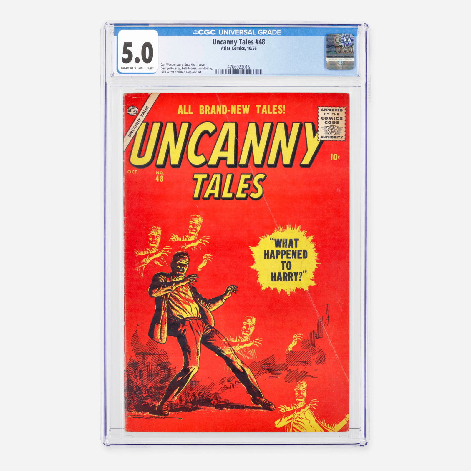 Atlas Comics Uncanny Tales #48 CGC 5.0: Atlas Comics Uncanny Tales #48 CGC 5.0 USA, 1956 This Golden Age horror and suspense issue features a compelling story penned by Carl Wessler, with interior art by George Roussos, Pete Morisi, Jim Moo