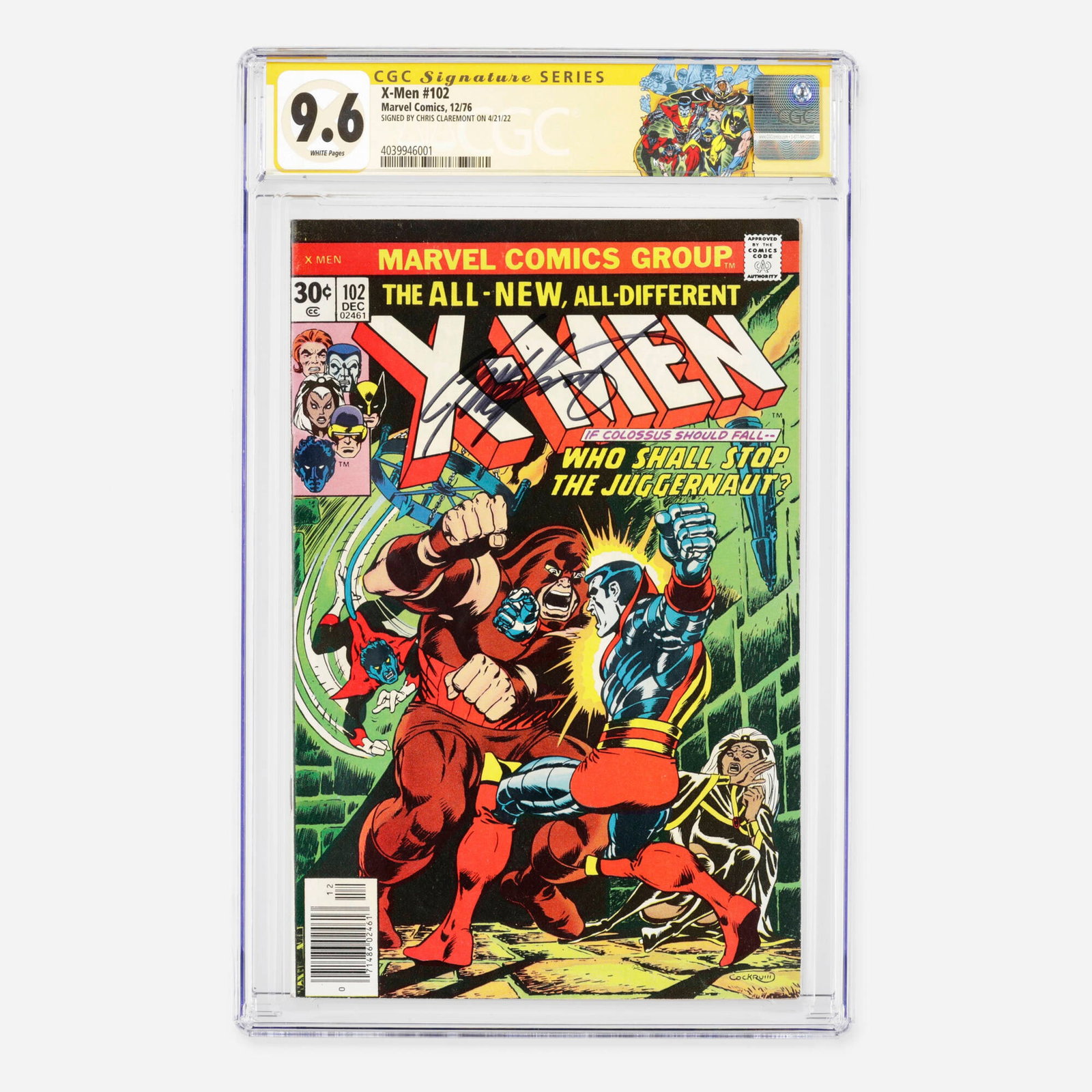 Marvel Comics X-Men #102 CGC 9.6 Signature Series Chris Claremont: Marvel Comics X-Men #102 CGC 9.6 Signature Series Chris Claremont USA, 1976 This Bronze Age issue reveals the origin of Storm, alongside appearances by the Juggernaut, Black Tom Cassidy, and Misty Kni