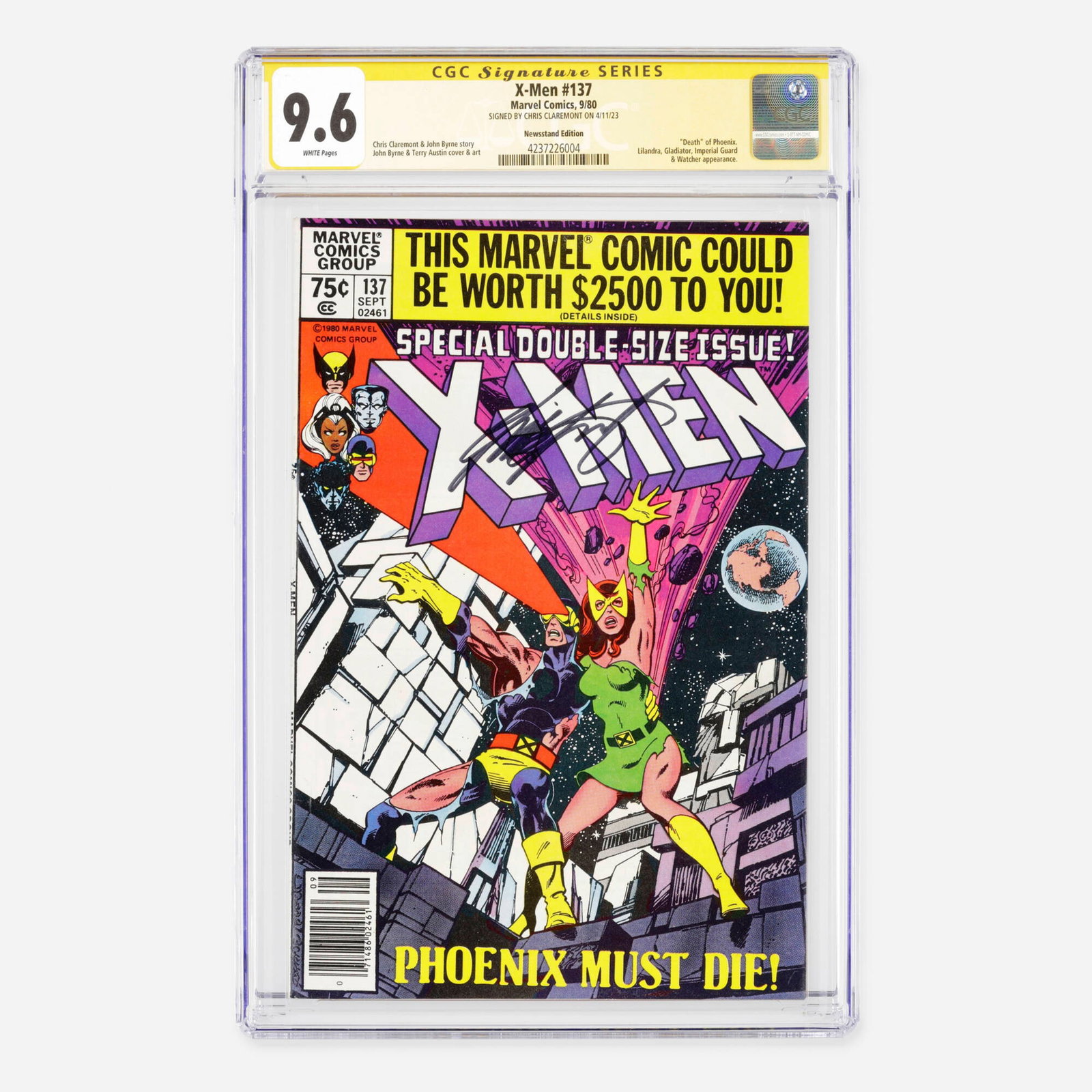 Marvel Comics X-Men #137 CGC 9.6 Newsstand Signature Series Chris Claremont: Marvel Comics X-Men #137 CGC 9.6 Newsstand Signature Series Chris Claremont USA, 1980 Set in the Bronze Age, this rare Newsstand Edition variant features the iconic "death" of Phoenix, alongside