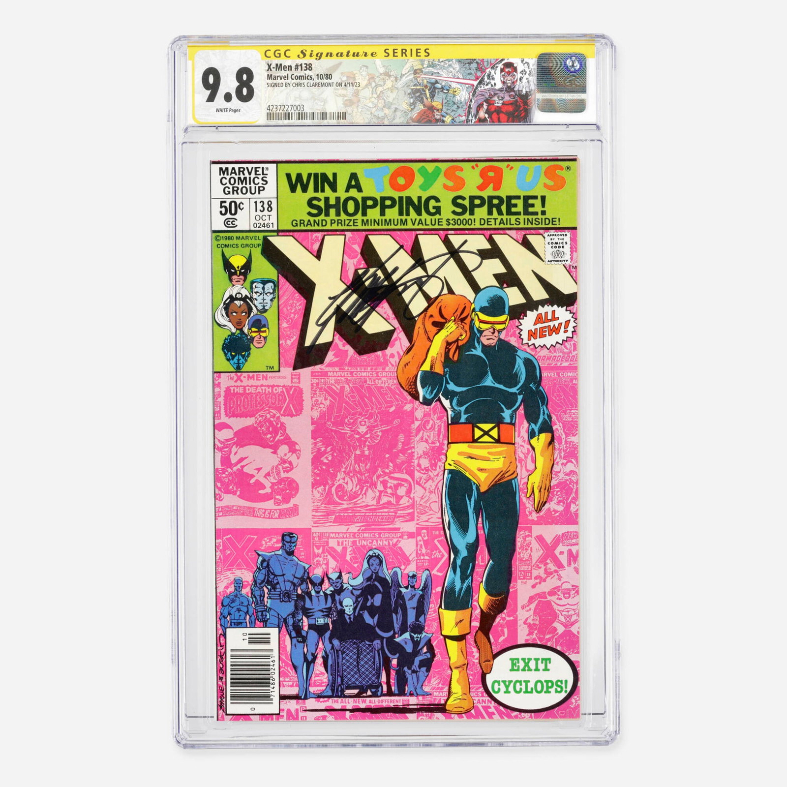 Marvel Comics X-Men #138 CGC 9.8 Signature Series Chris Claremont: Marvel Comics X-Men #138 CGC 9.8 Signature Series Chris Claremont USA, 1980 This Bronze Age milestone issue depicts the emotional funeral of Jean Grey and the departure of Cyclops from the X-Men. The 