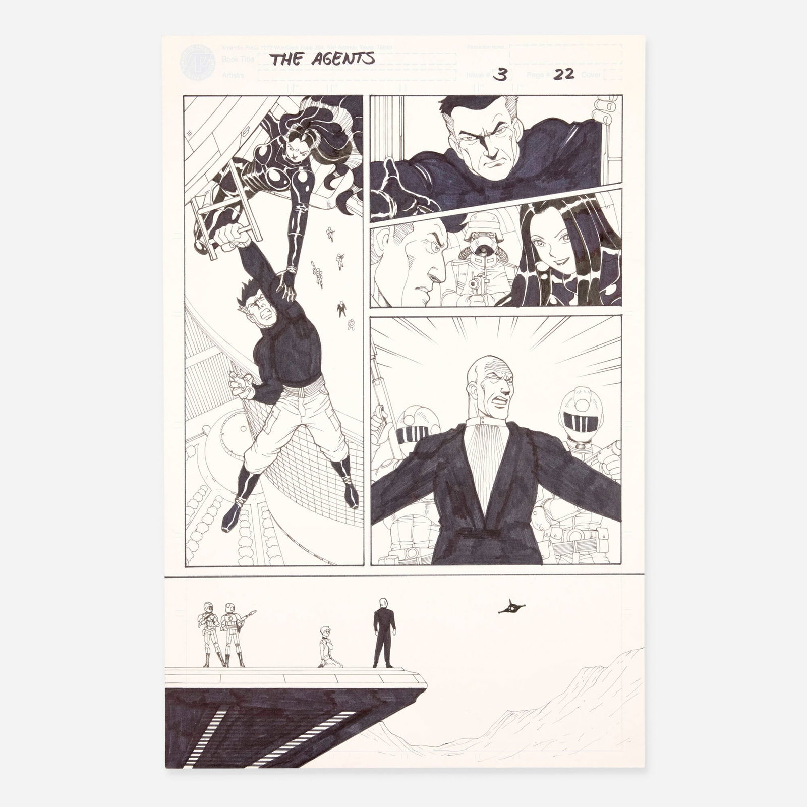 Ben Dunn, The Agents #3 Story Page 22 Original Art (Antarctic Press, 2003): Ben Dunn The Agents #3 Story Page 22 Original Art (Antarctic Press, 2003) pencil and ink on Bristol board 17 h x 11 w in (43 x 28 cm) This original comic book page features dynamic pencil and ink