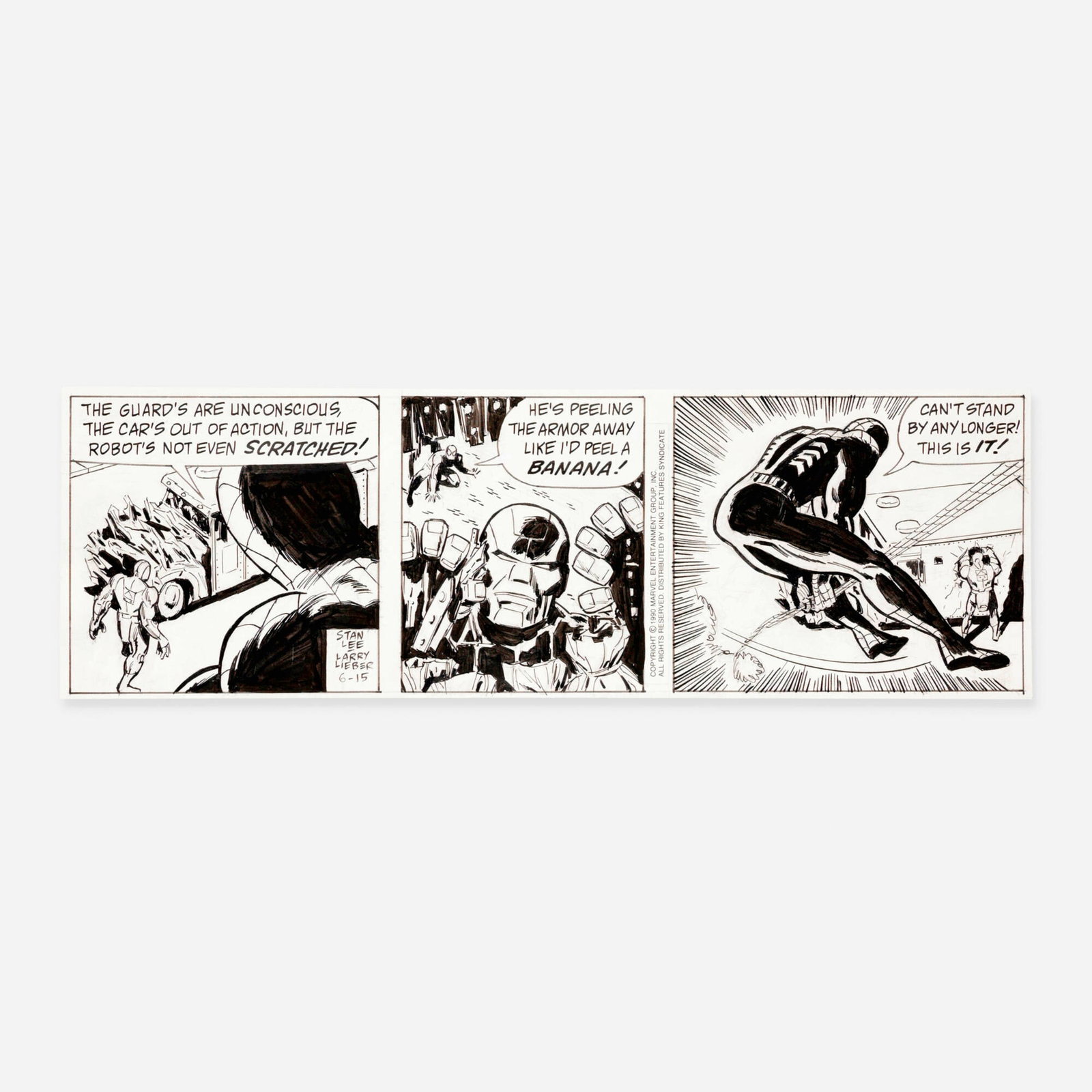 Larry Lieber, Amazing Spider-Man 6-15-1990 Daily Strip Original Art (Marvel Entertainment, 1990): Larry Lieber Amazing Spider-Man 6-15-1990 Daily Strip Original Art (Marvel Entertainment, 1990) pencil and ink on Bristol board, word balloons inked directly on board 4.088 h x 13.25 w in (10 x 34