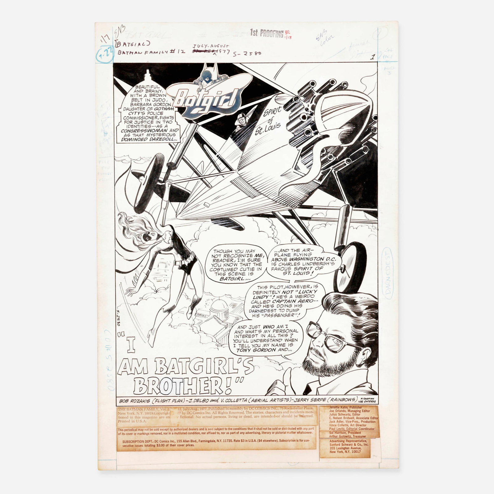 Jose Delbo and Vince Colletta, Batman Family #12 Story Page 1 Original Art (DC Comics, 1977): Jose Delbo and Vince Colletta Batman Family #12 Story Page 1 Original Art (DC Comics, 1977) pencil and ink on Bristol board 16.75 h x 11.5 w in (43 x 29 cm) This original comic art page features