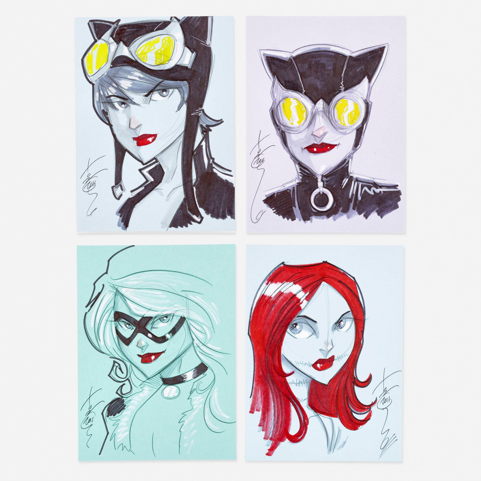 Tom Hodges, Group of 4 Illutrations Original Art (2011): Tom Hodges Group of 4 Illutrations Original Art (2011) pencil, ink, and Copics on colored paper 7.5 h x 5.5 w in (19 x 14 cm) This original sketch grouping features head studies of four popular female